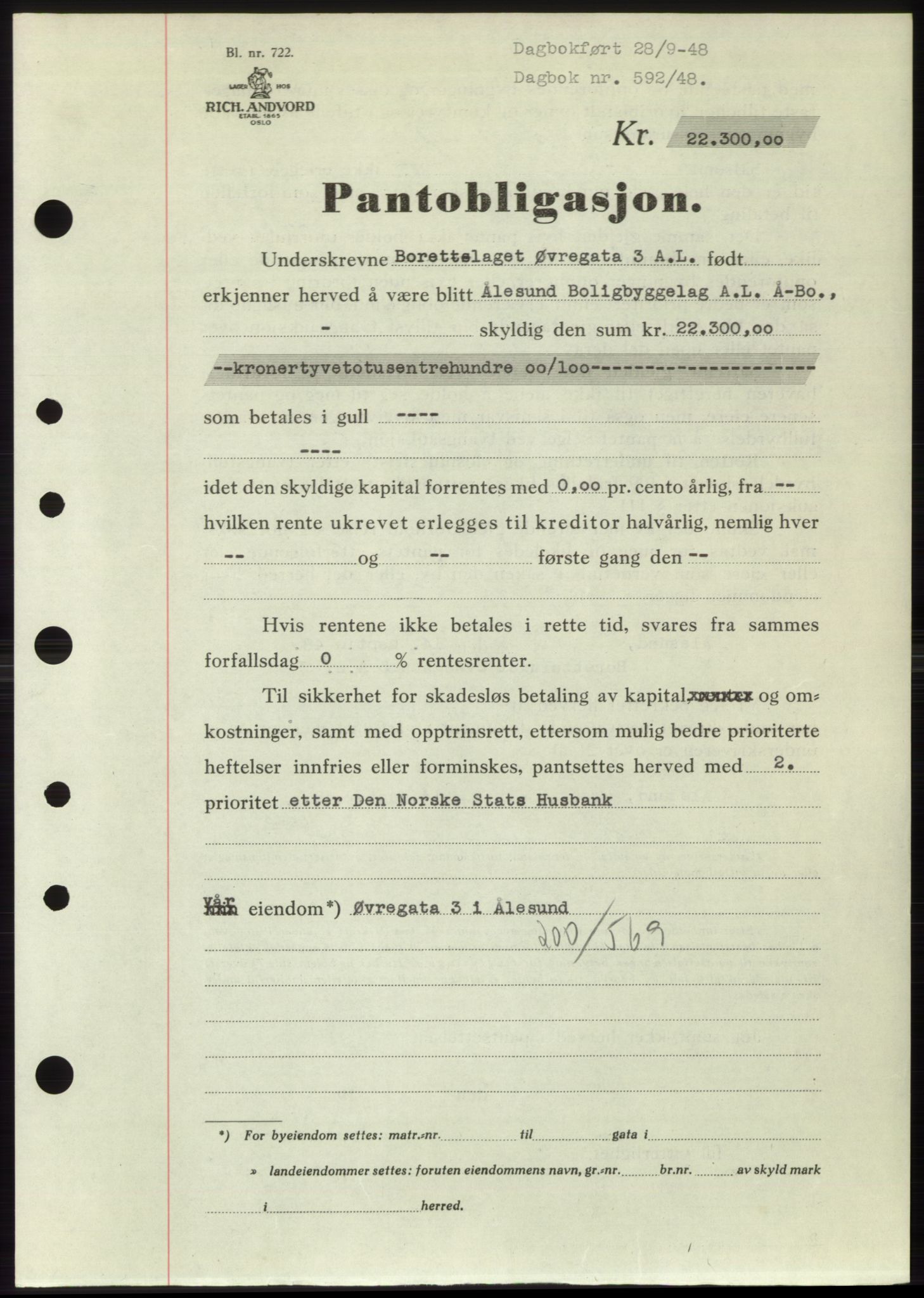 Ålesund byfogd, SAT/A-4384: Pantebok nr. B36-38, 1948-1950, Dagboknr: 592/1948