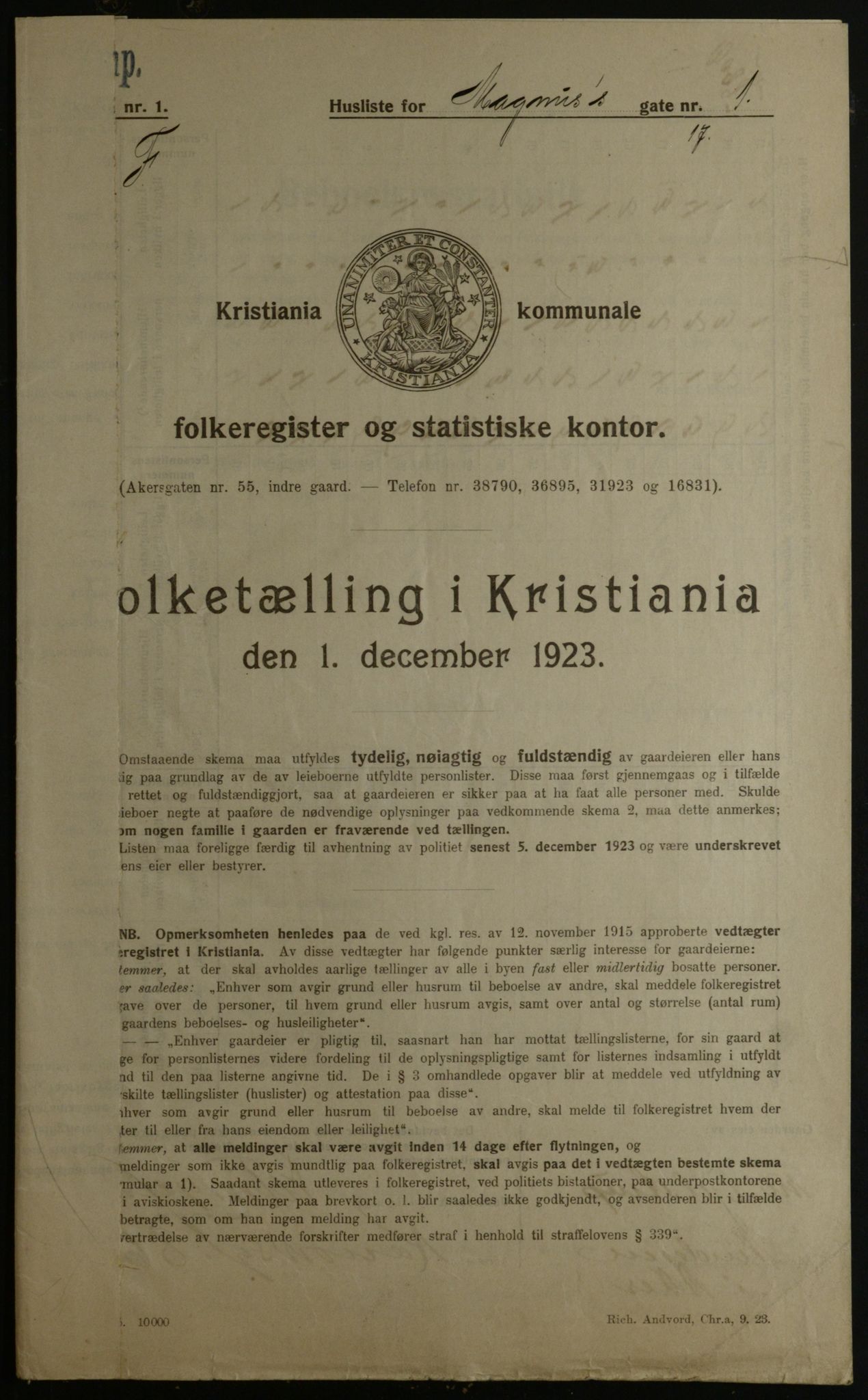 OBA, Kommunal folketelling 1.12.1923 for Kristiania, 1923, s. 65855