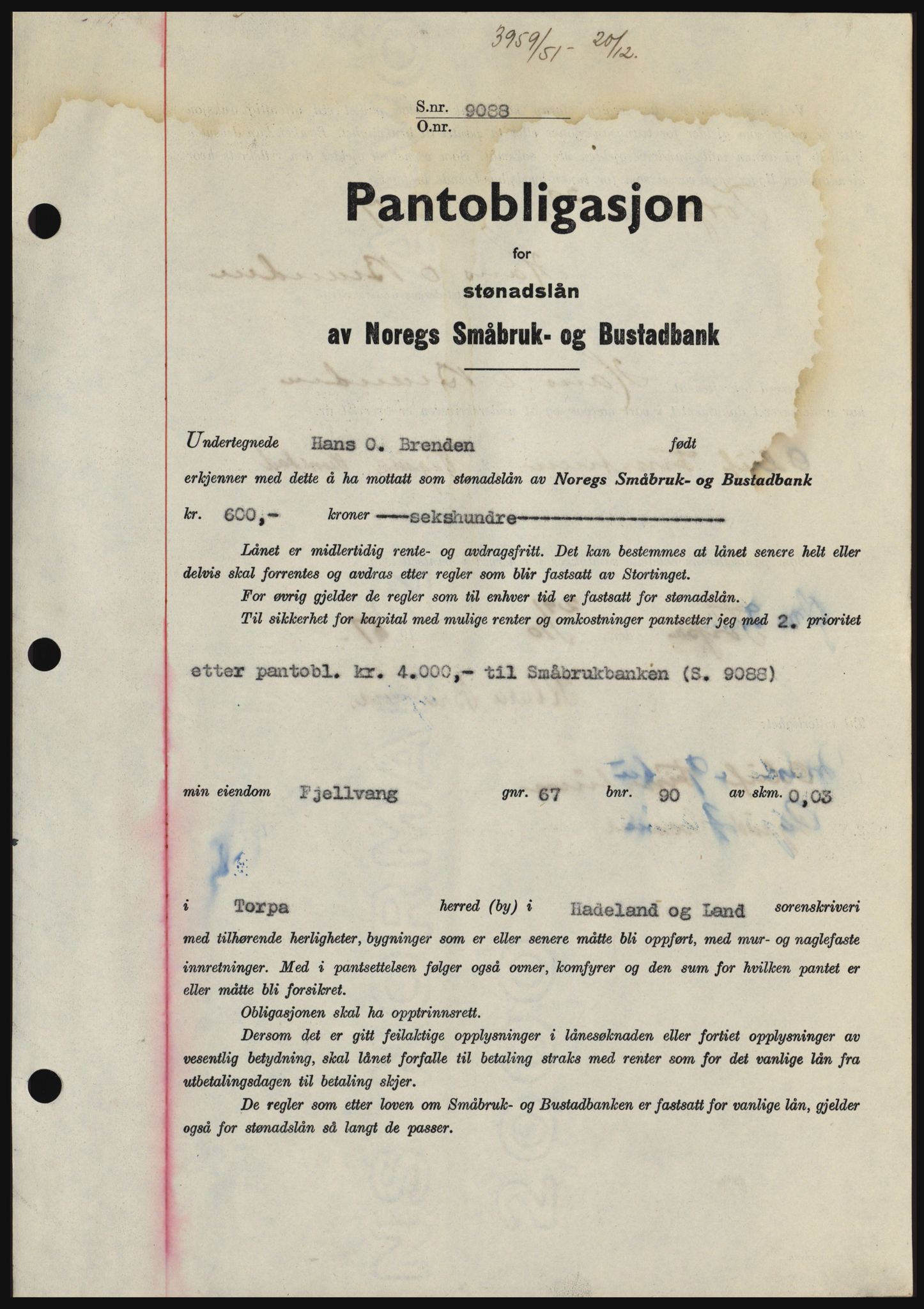 Hadeland og Land tingrett, SAH/TING-010/H/Hb/Hbc/L0022: Pantebok nr. B22, 1951-1951, Dagboknr: 3959/1951