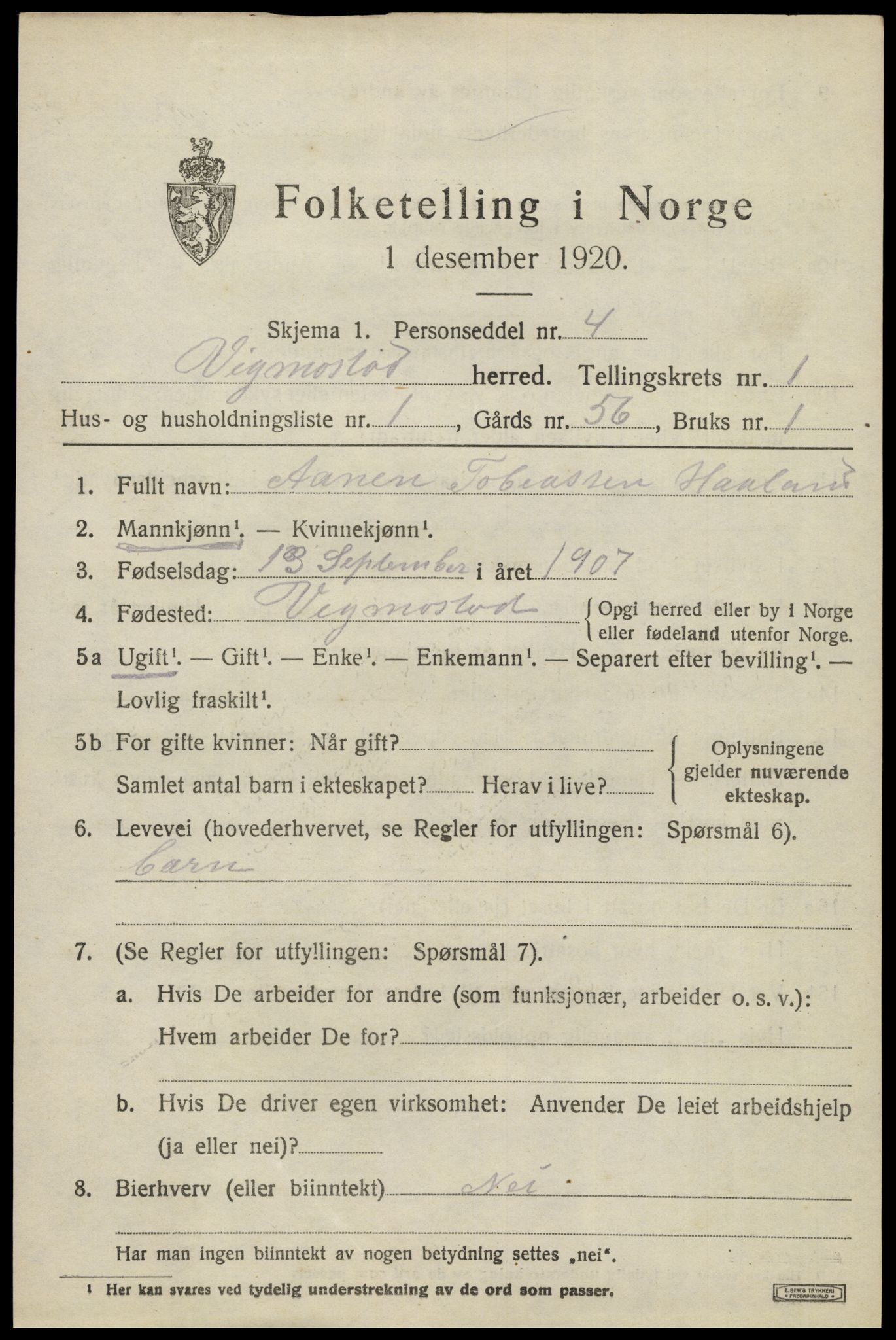 SAK, Folketelling 1920 for 1028 Vigmostad herred, 1920, s. 427
