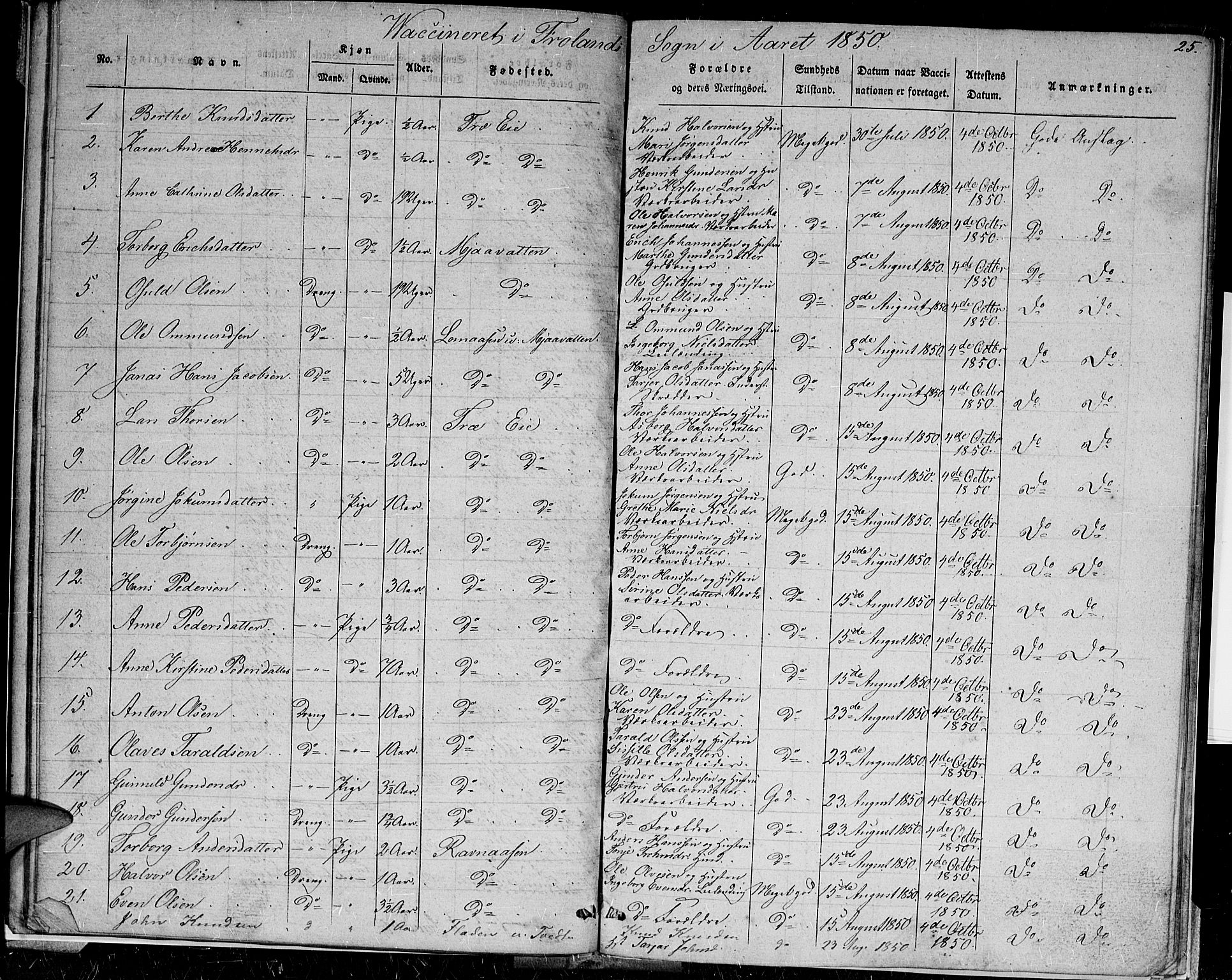 Froland sokneprestkontor, AV/SAK-1111-0013/J/Jc/L0001: Vaksinasjonsprotokoll nr. A VI 8, 1838-1859, s. 25