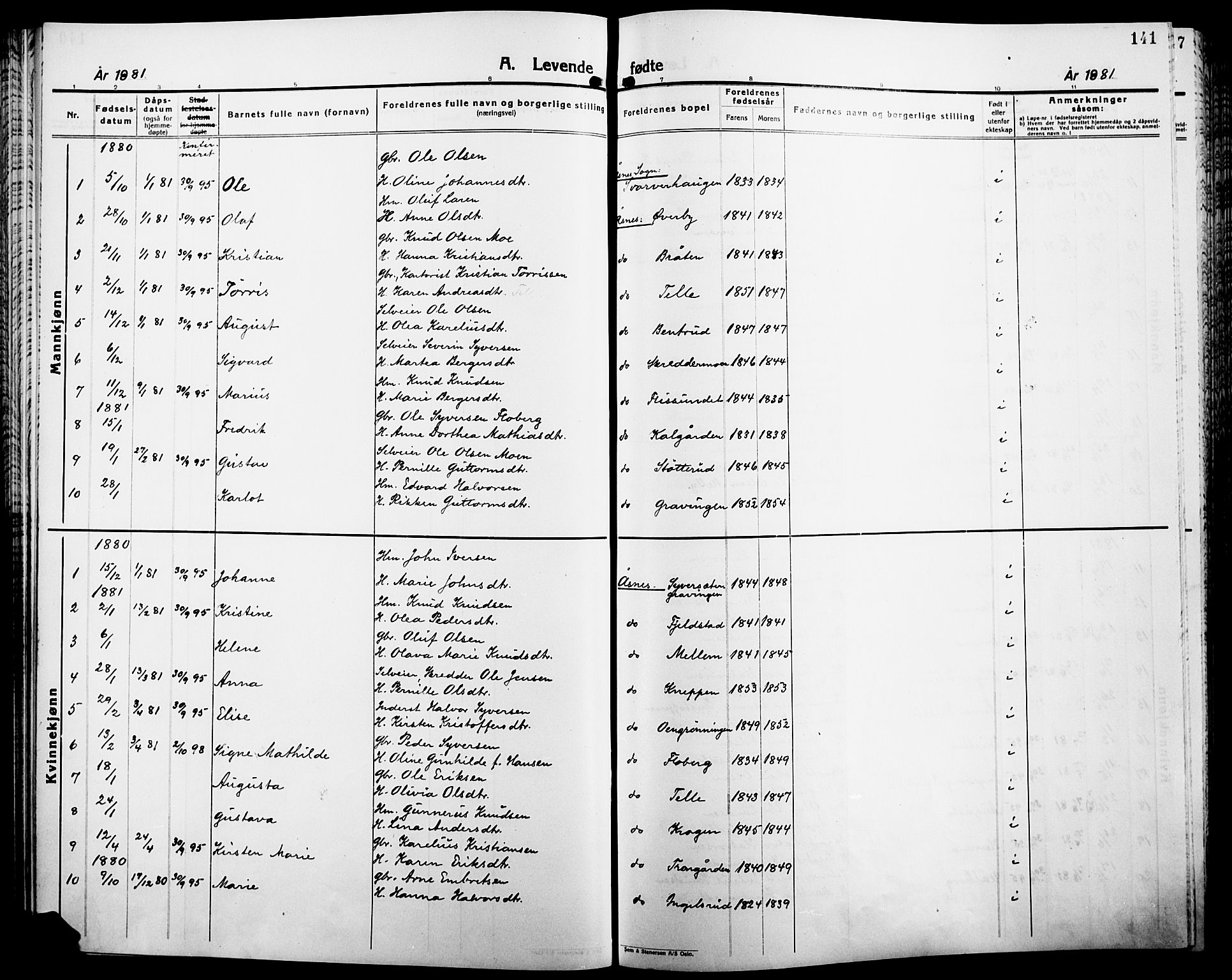 Åsnes prestekontor, AV/SAH-PREST-042/H/Ha/Haa/L0000B: Ministerialbok, 1870-1889, s. 141