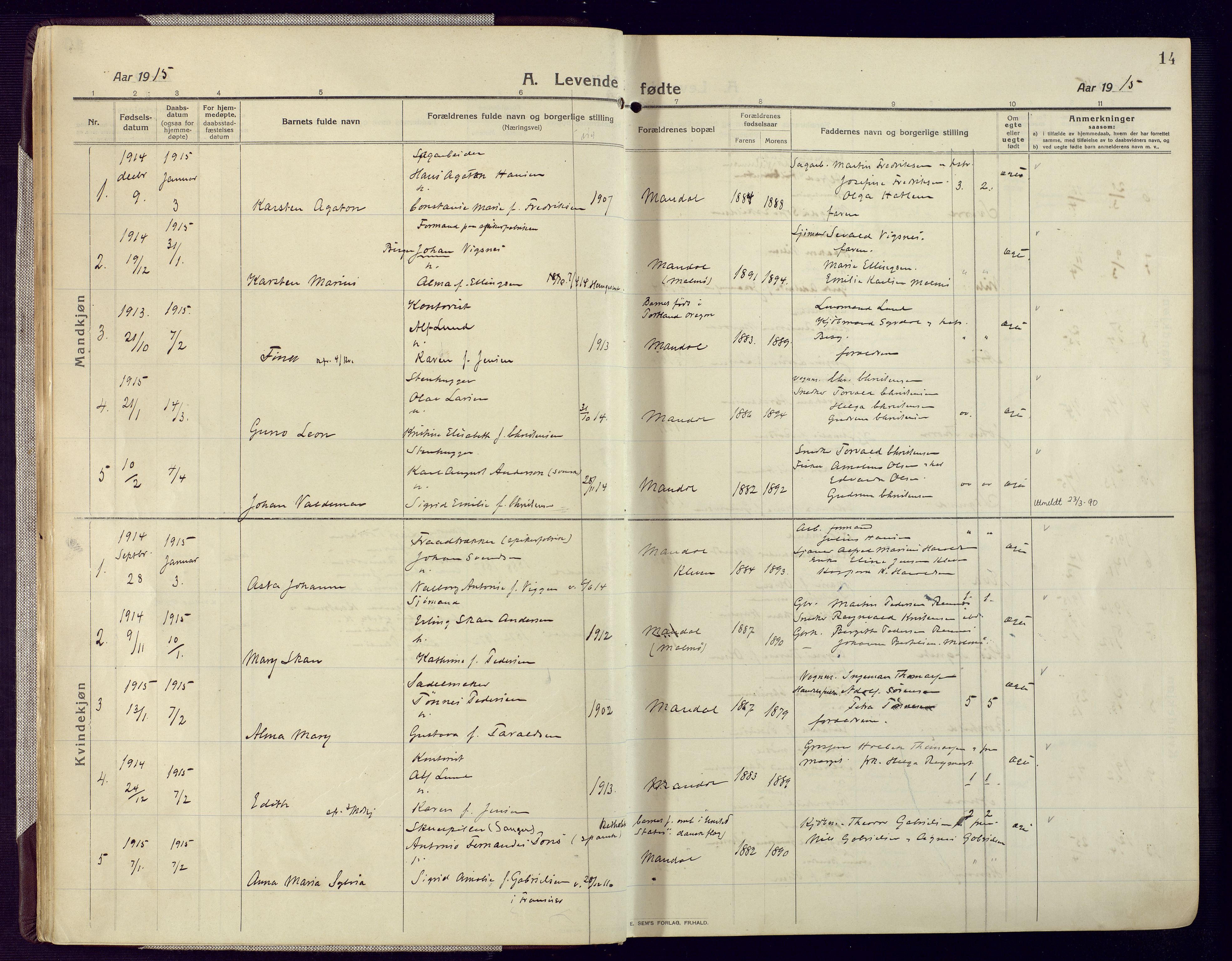 Mandal sokneprestkontor, AV/SAK-1111-0030/F/Fa/Fac/L0001: Ministerialbok nr. A 1, 1913-1925, s. 14