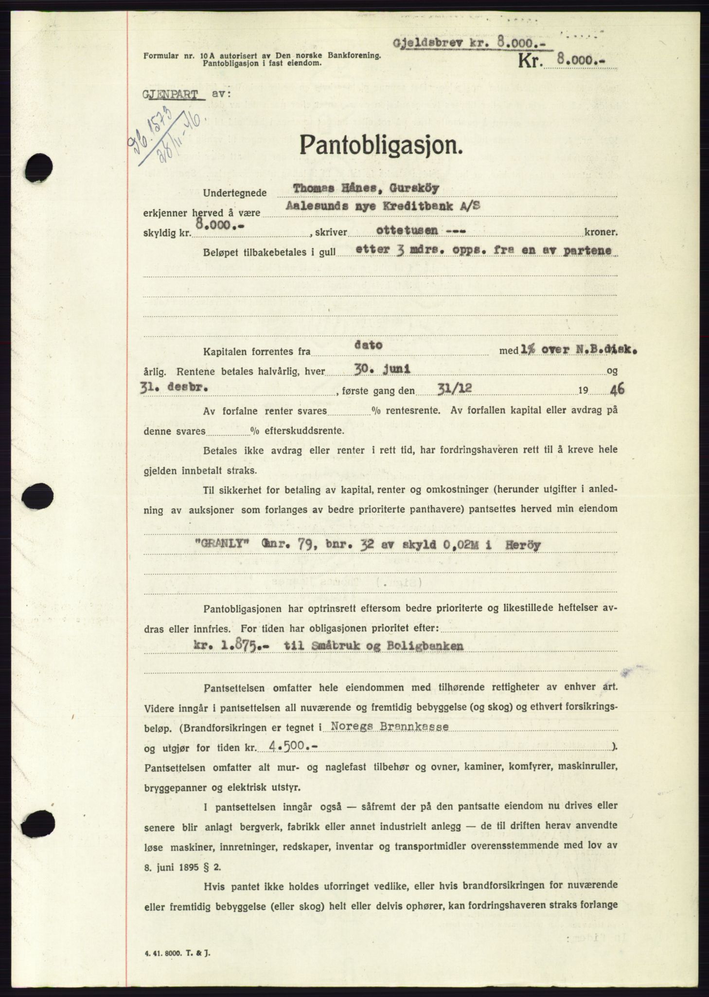 Søre Sunnmøre sorenskriveri, AV/SAT-A-4122/1/2/2C/L0114: Pantebok nr. 1-2B, 1943-1947, Dagboknr: 1573/1946