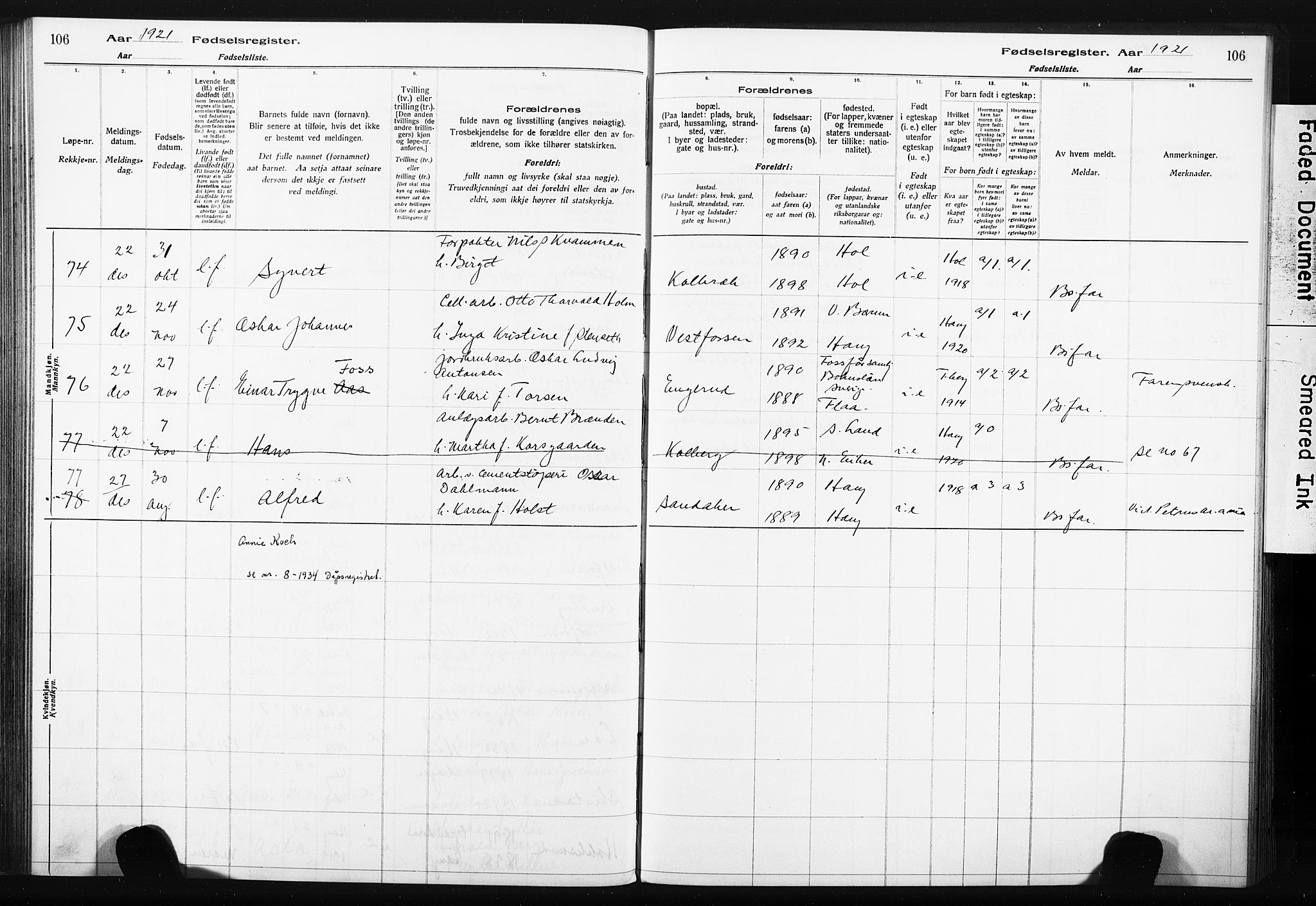 Eiker kirkebøker, AV/SAKO-A-4/J/Ja/L0001: Fødselsregister nr. I 1, 1916-1927, s. 106