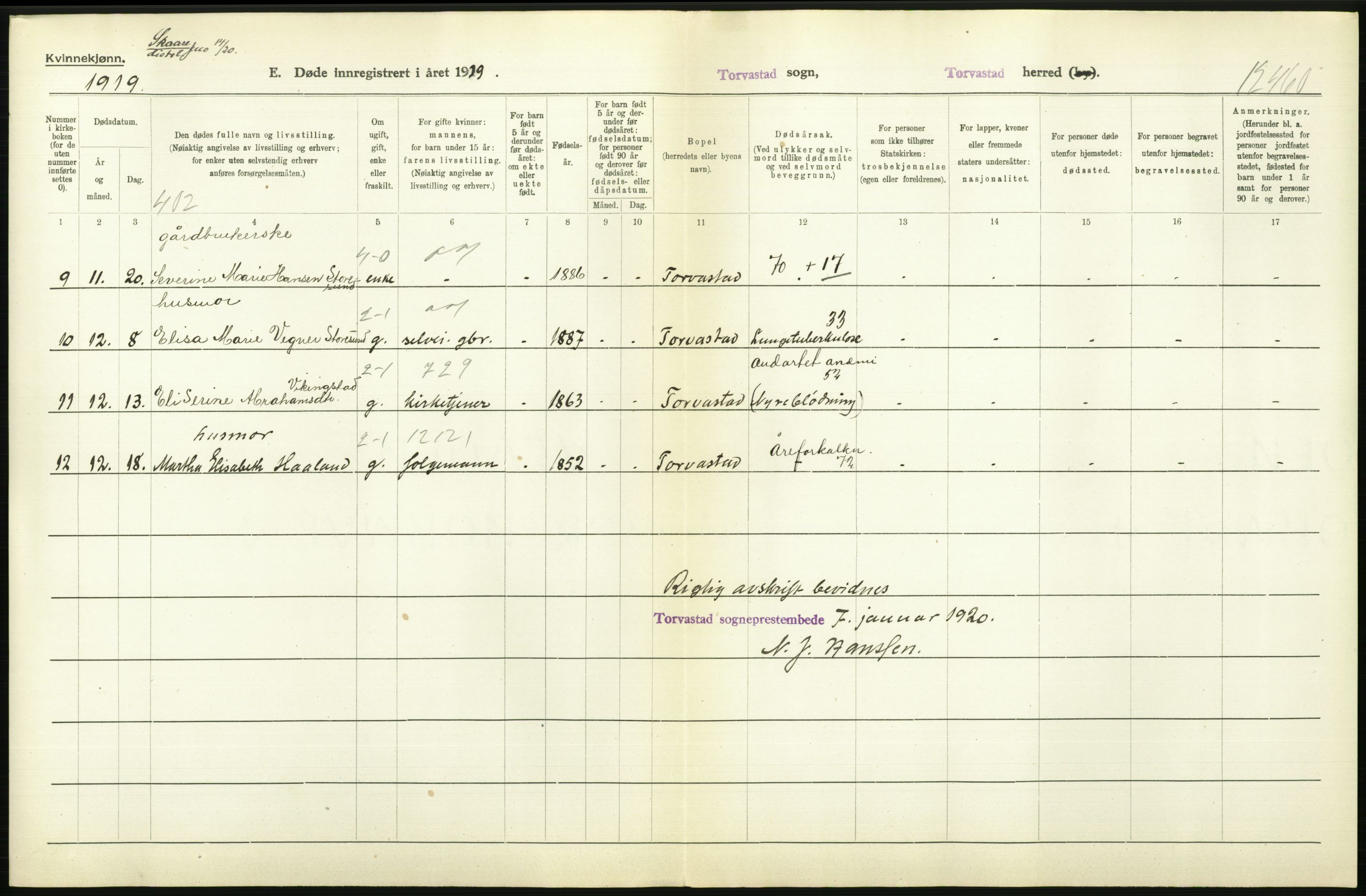 Statistisk sentralbyrå, Sosiodemografiske emner, Befolkning, AV/RA-S-2228/D/Df/Dfb/Dfbi/L0030: Rogaland fylke: Døde. Bygder og byer., 1919, s. 346