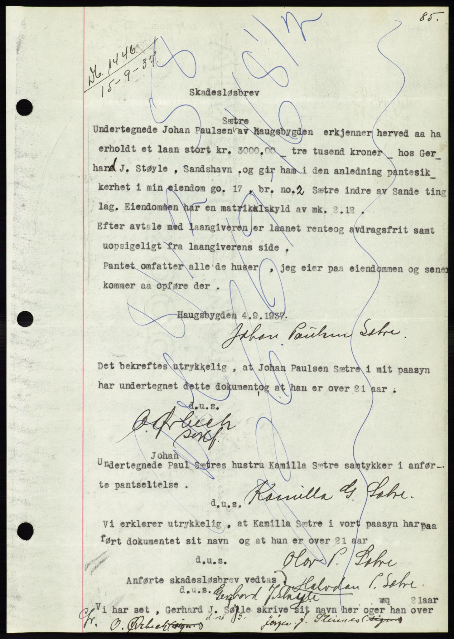 Søre Sunnmøre sorenskriveri, SAT/A-4122/1/2/2C/L0064: Pantebok nr. 58, 1937-1938, Dagboknr: 1446/1937