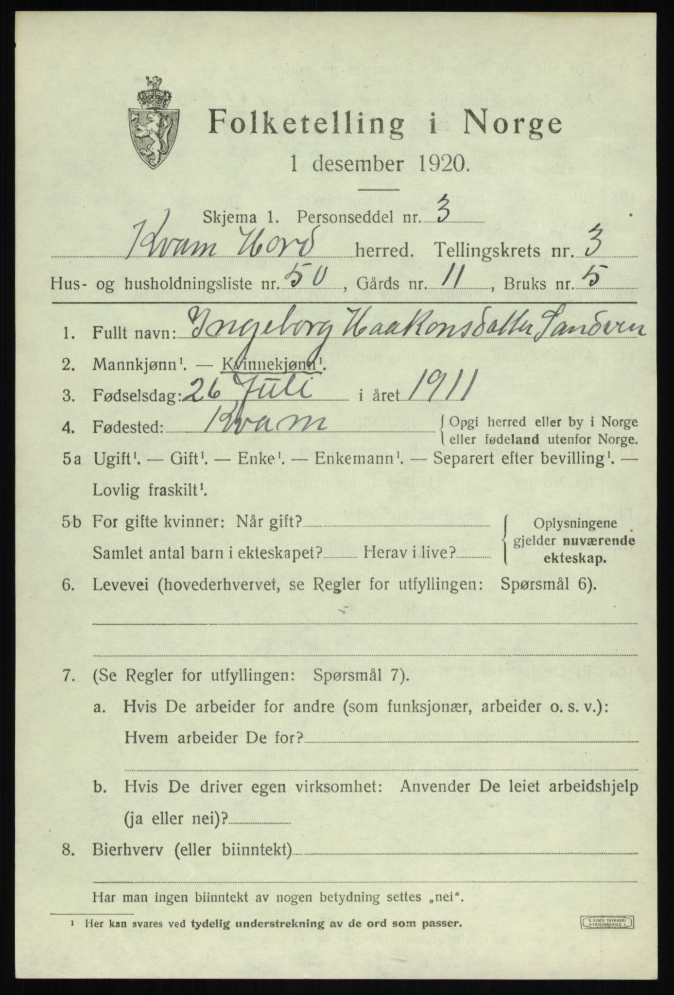 SAB, Folketelling 1920 for 1238 Kvam herred, 1920, s. 3147