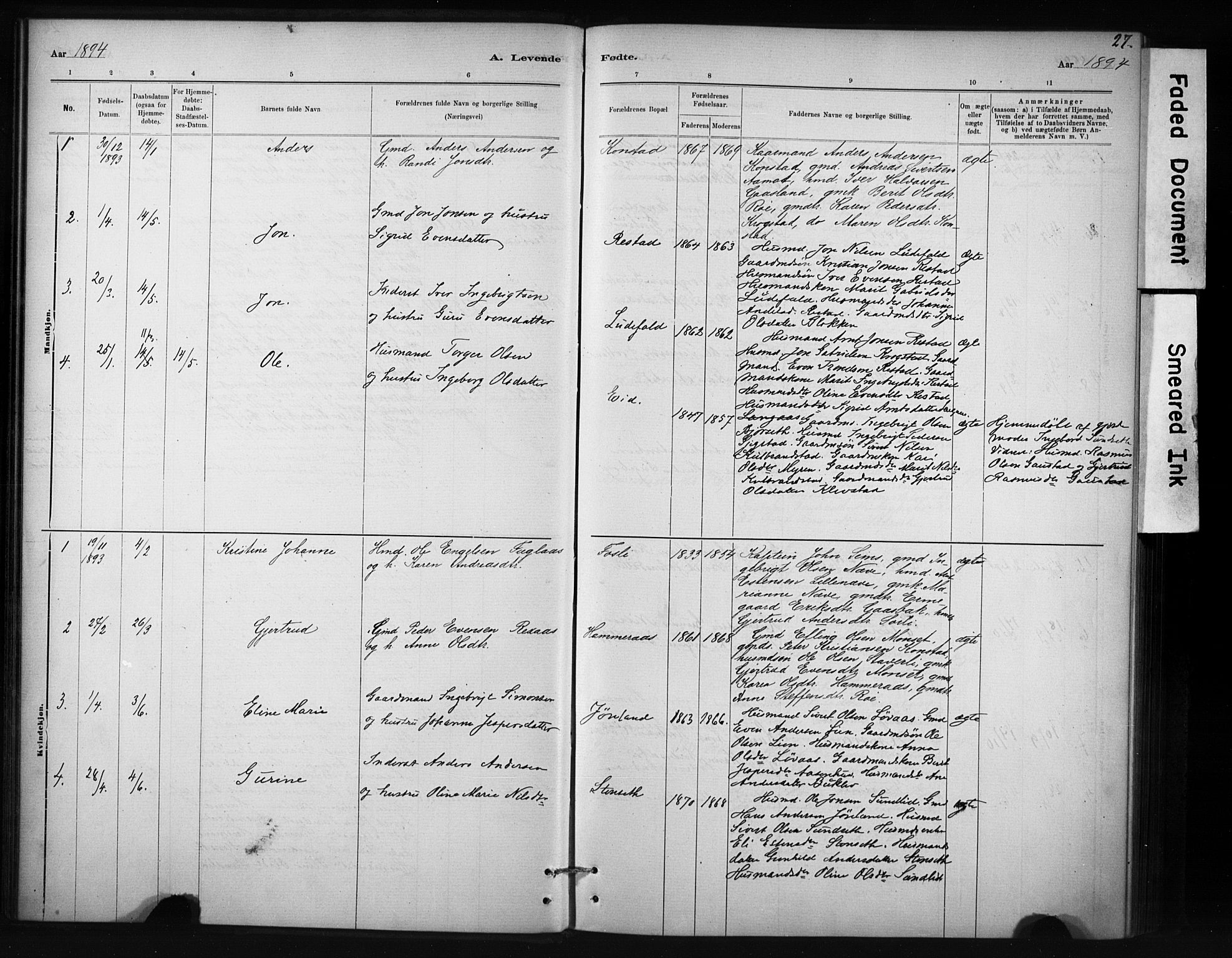 Ministerialprotokoller, klokkerbøker og fødselsregistre - Sør-Trøndelag, AV/SAT-A-1456/694/L1127: Ministerialbok nr. 694A01, 1887-1905, s. 27