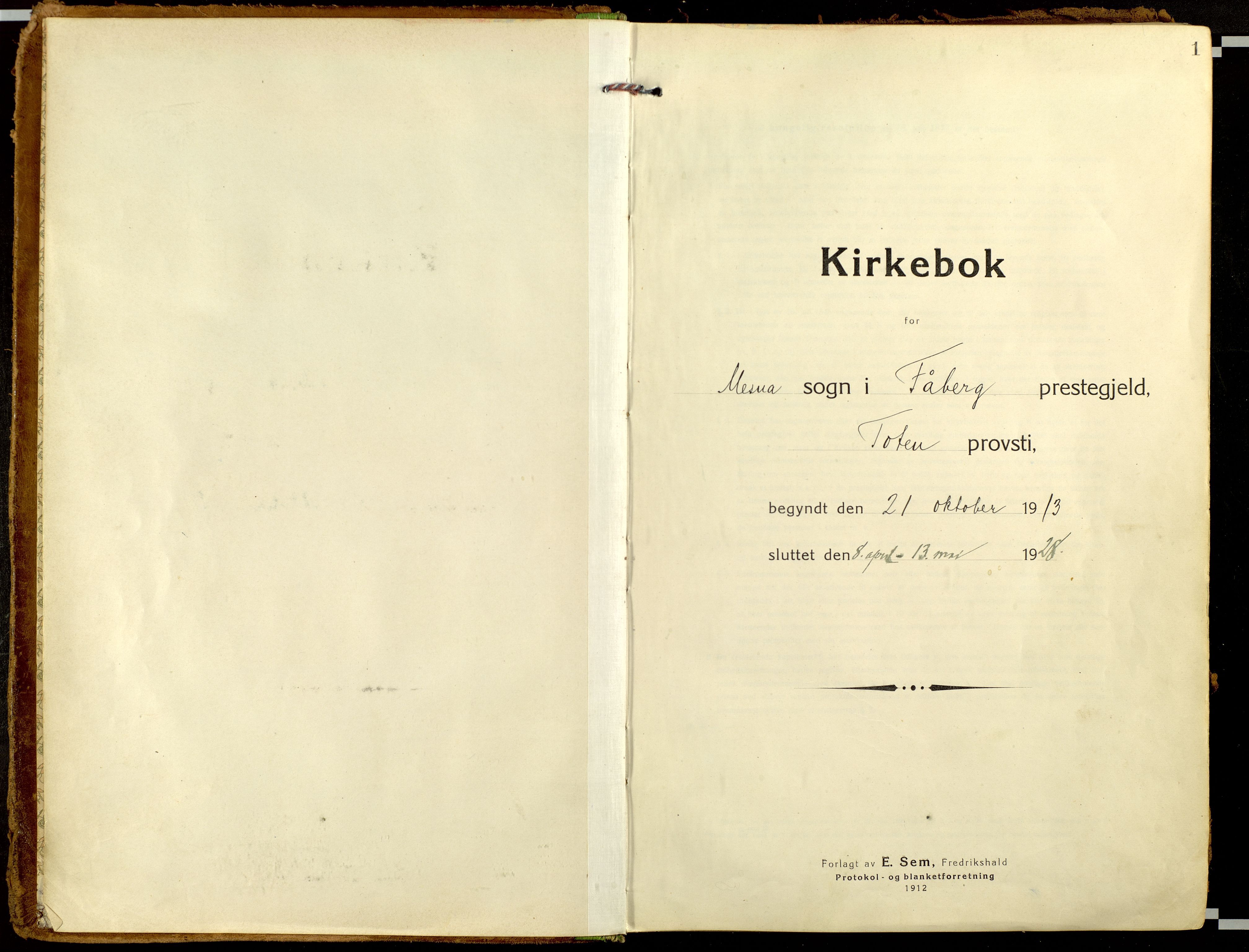 Fåberg prestekontor, AV/SAH-PREST-086/H/Ha/Haa/L0013: Ministerialbok nr. 13, 1913-1928, s. 1