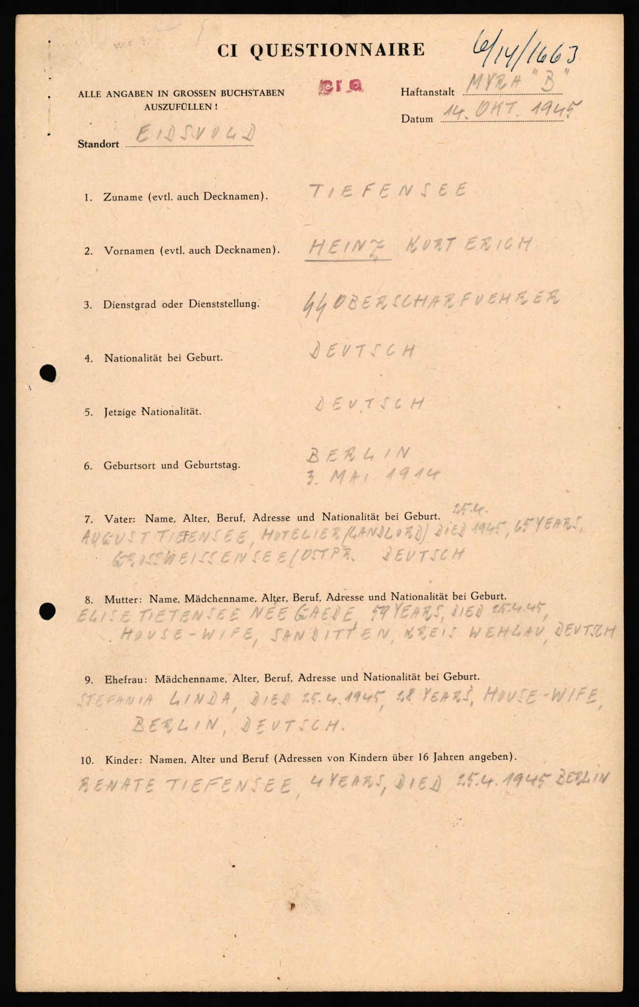 Forsvaret, Forsvarets overkommando II, AV/RA-RAFA-3915/D/Db/L0034: CI Questionaires. Tyske okkupasjonsstyrker i Norge. Tyskere., 1945-1946, s. 2