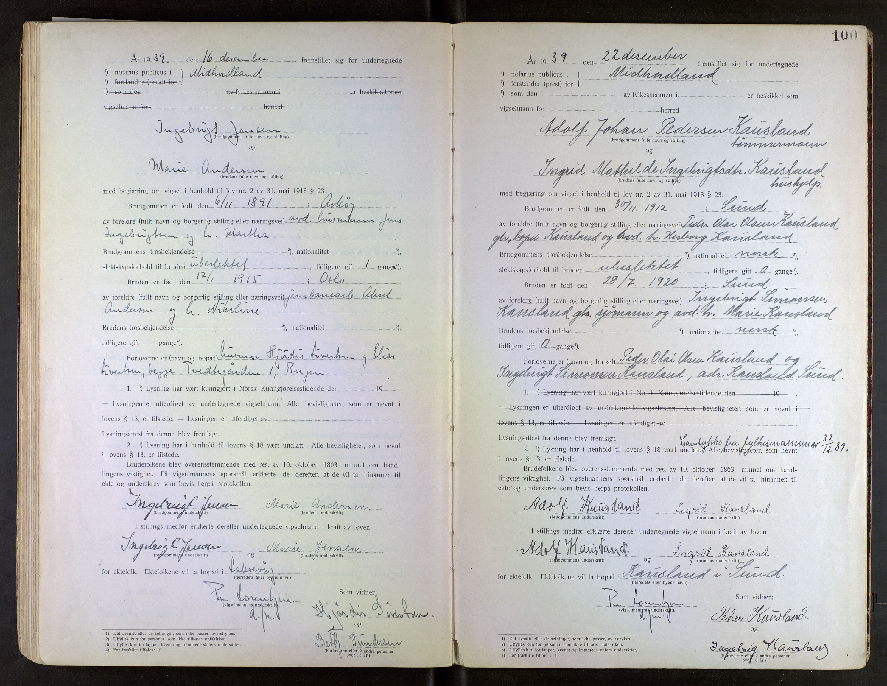Midhordland sorenskriveri, SAB/A-3001/1/M/Mc/Mca/L0001: Notarialbilag. Vigselbøker, 1920-1939, s. 100