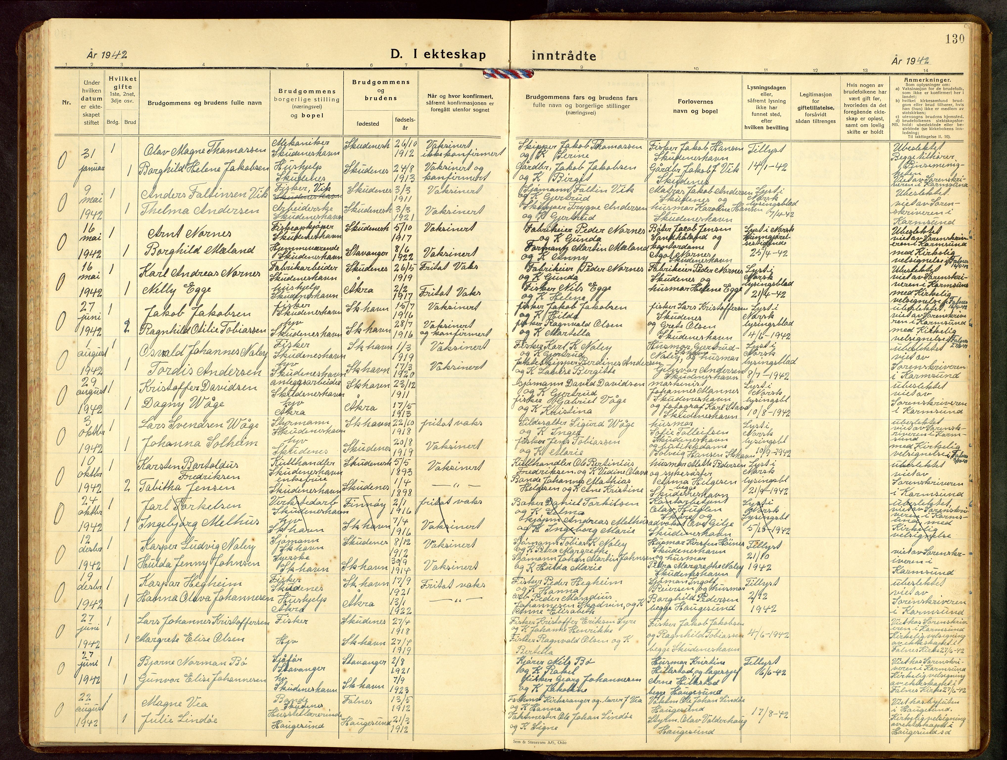 Skudenes sokneprestkontor, AV/SAST-A -101849/H/Ha/Hab/L0014: Klokkerbok nr. B 14, 1937-1956, s. 130