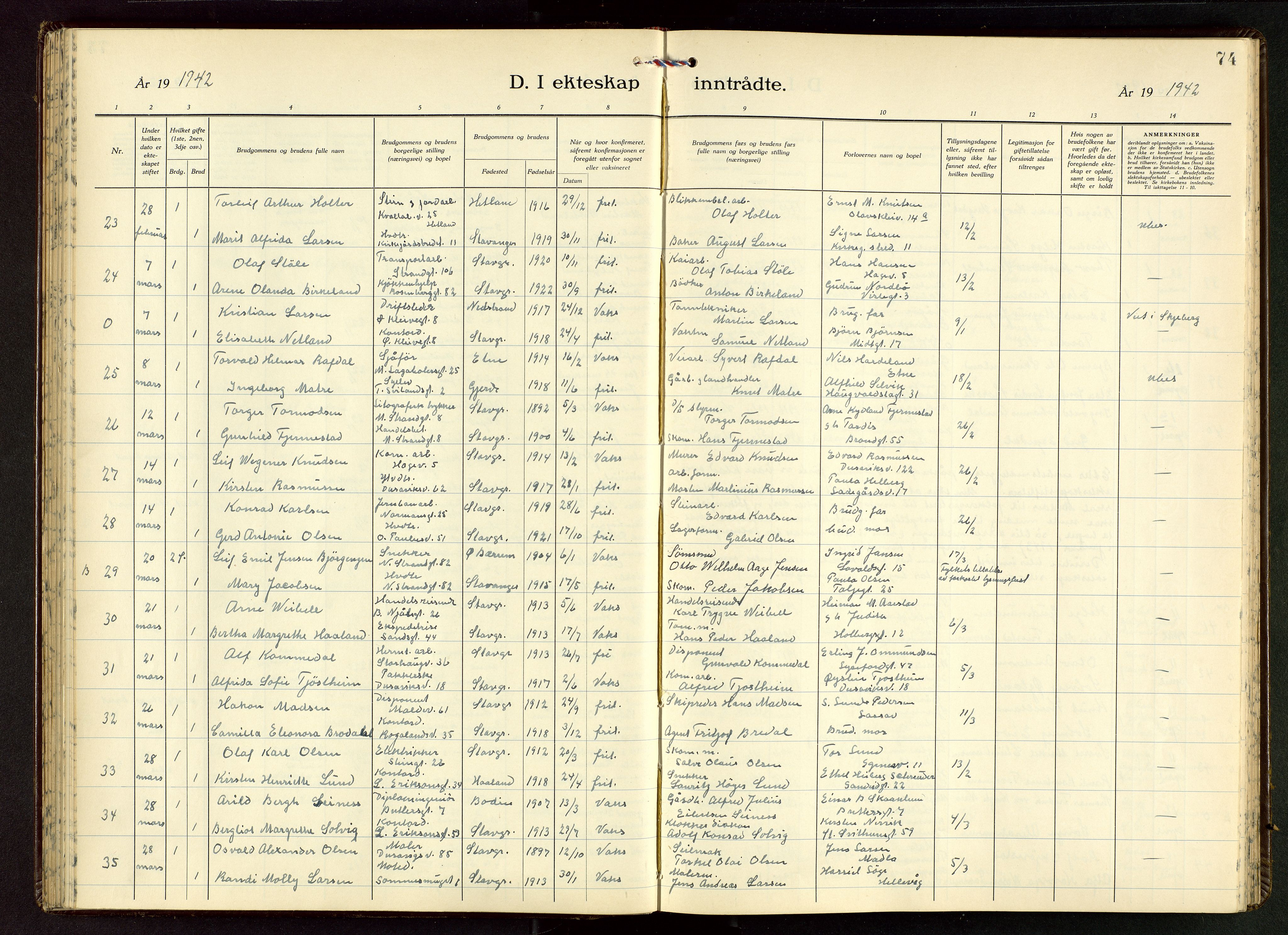 Domkirken sokneprestkontor, AV/SAST-A-101812/001/30/30BB/L0022: Klokkerbok nr. B 22, 1937-1949, s. 74