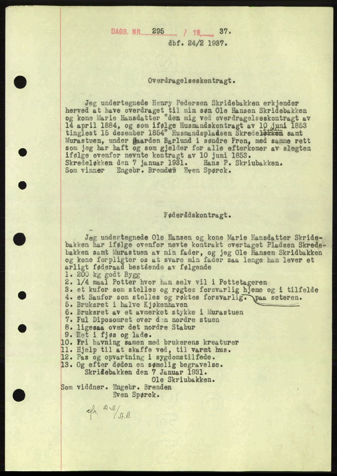 Sør-Gudbrandsdal tingrett, SAH/TING-004/H/Hb/Hbe/L0001: Pantebok nr. B1, 1936-1939, Dagboknr: 295/1937