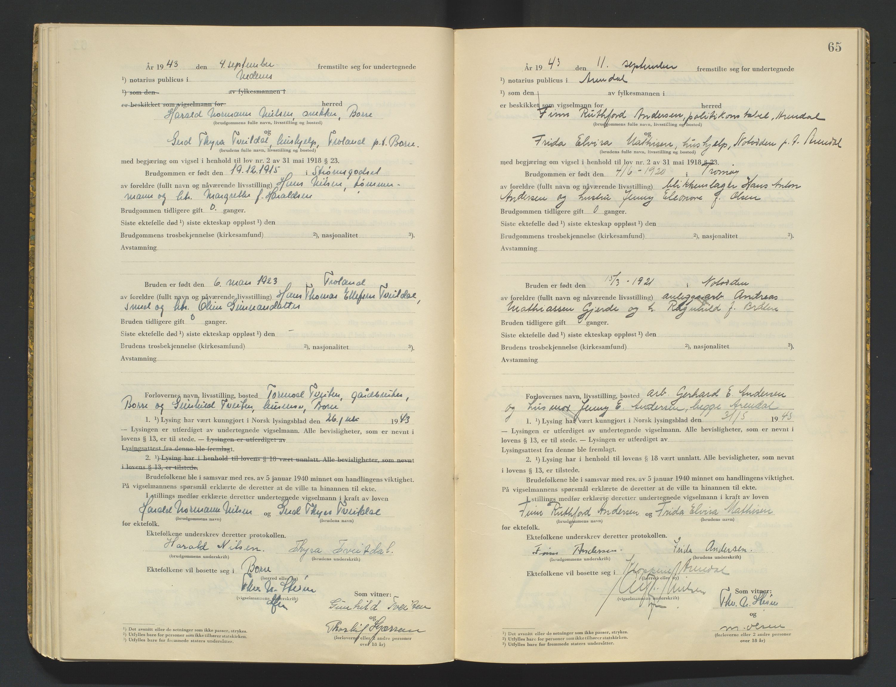 Nedenes sorenskriveri, AV/SAK-1221-0006/L/Ld/L0002/0002: Vigselsbøker / Vigselbok, 1942-1943, s. 65