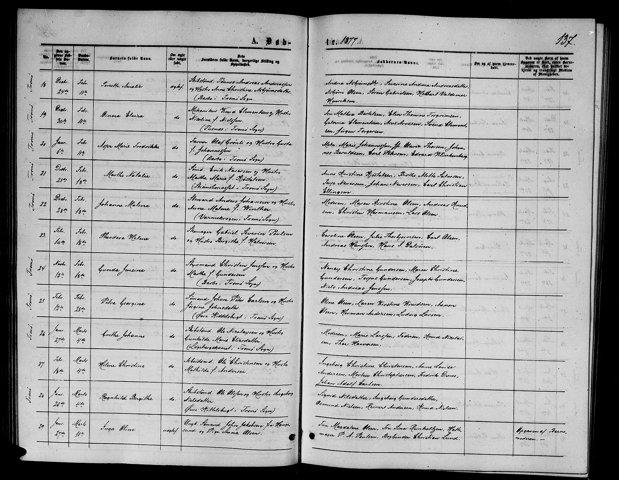 Arendal sokneprestkontor, Trefoldighet, AV/SAK-1111-0040/F/Fb/L0005: Klokkerbok nr. B 5, 1874-1888, s. 137