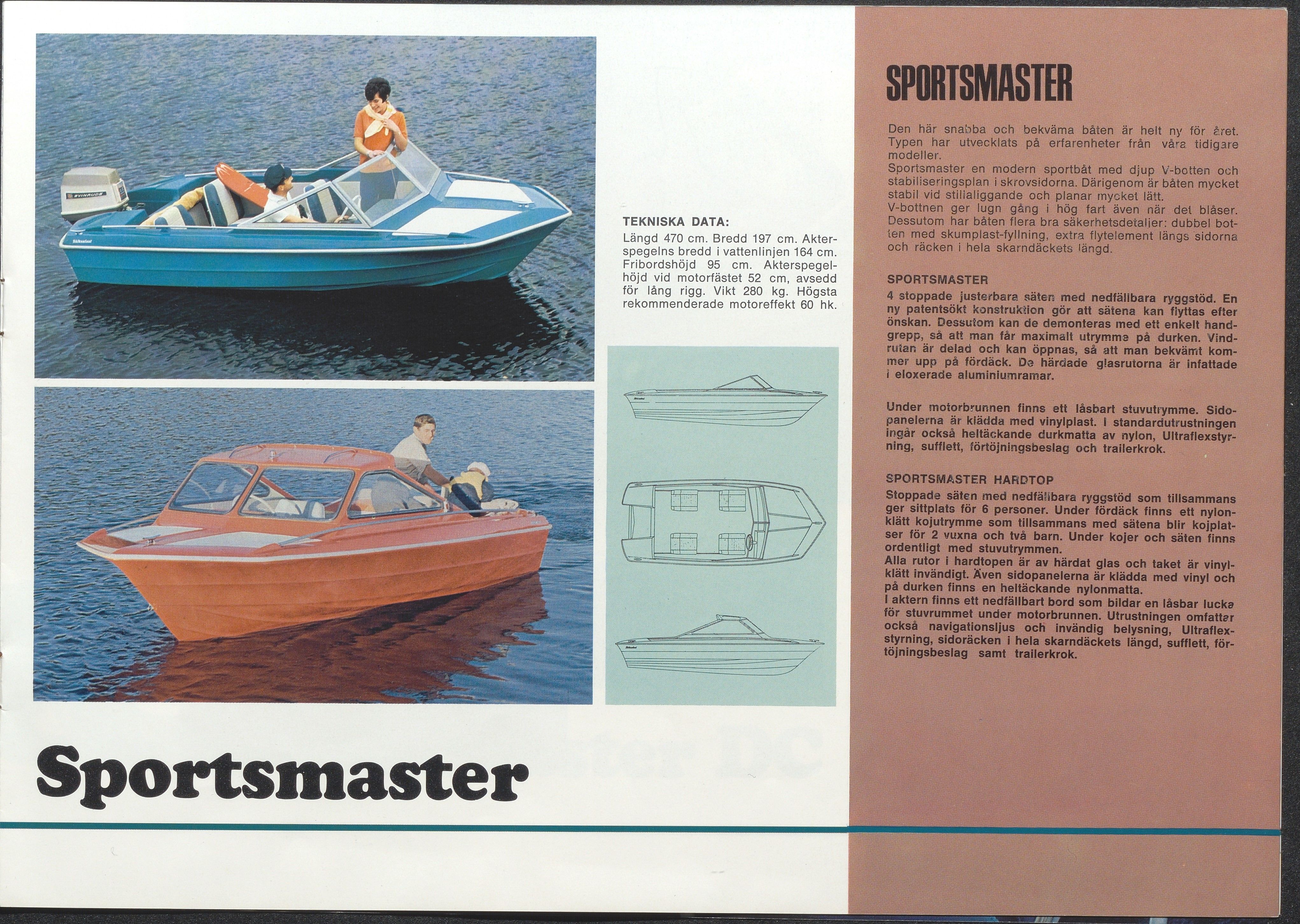 Skibsplast, AAKS/PA-2968/01/X/X01/L0001/0010: Brosjyrer / Seamaster (1958-1962/64). Sportsmaster (1970-1986). Seamaster DC (1965-1969/70). Sportsmann De Luxe 13' (1964-1971). Sportsmann 13' open (1960-1964). Junior open (1960-1964)., 1958-1986