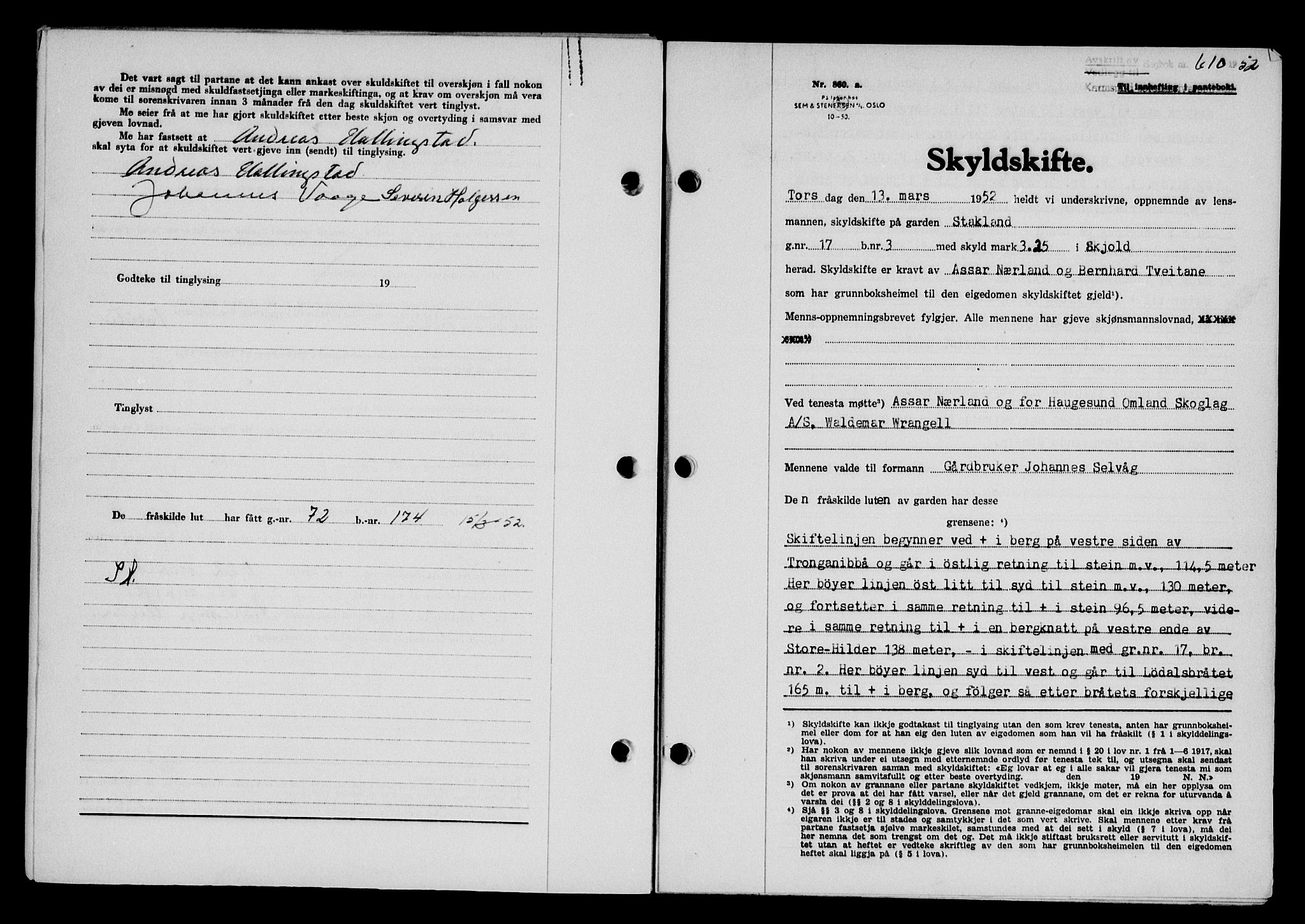 Karmsund sorenskriveri, SAST/A-100311/01/II/IIB/L0105: Pantebok nr. 85A, 1952-1952, Dagboknr: 610/1952