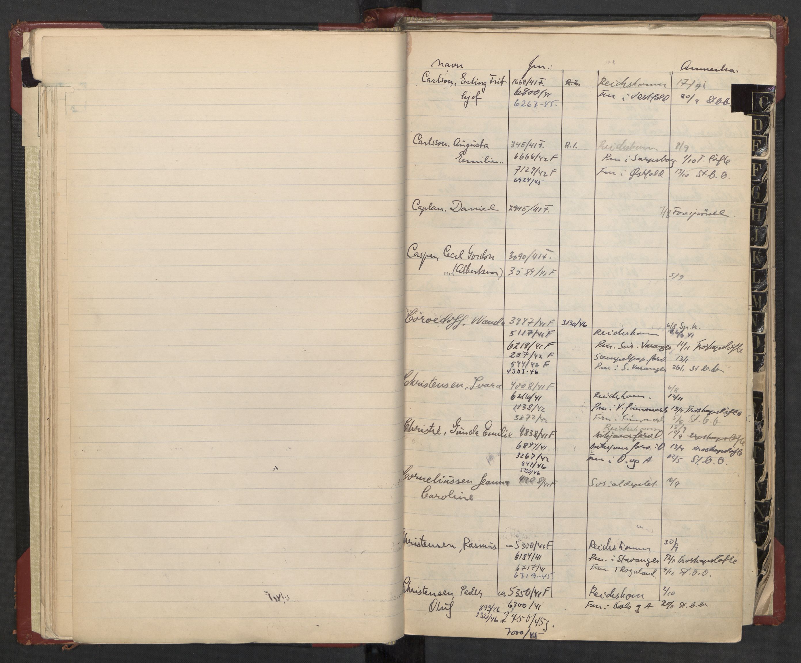 Justisdepartementet, 3. politikontor P3, RA/S-1051/C/Cc/L0002: Journalregister over statsborgersaker, 1940-1946, s. 16