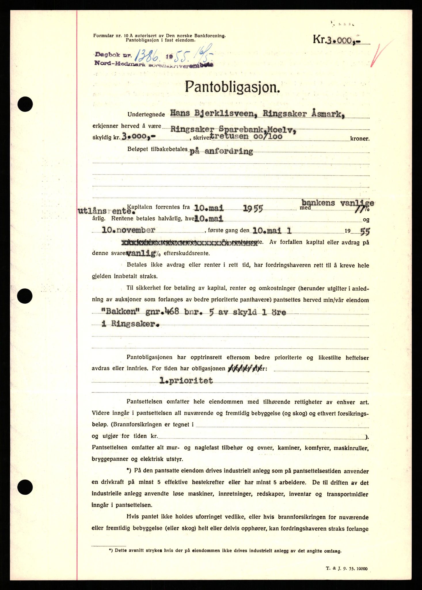 Nord-Hedmark sorenskriveri, SAH/TING-012/H/Hb/Hbf/L0032: Pantebok nr. B32, 1955-1955, Dagboknr: 1386/1952