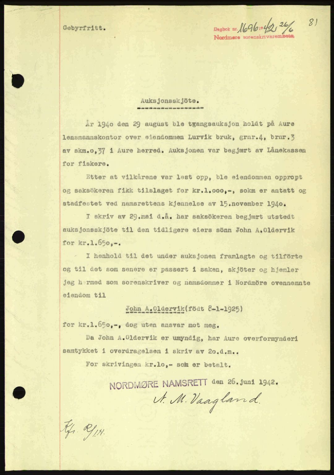 Nordmøre sorenskriveri, SAT/A-4132/1/2/2Ca: Pantebok nr. A93, 1942-1942, Dagboknr: 1696/1942