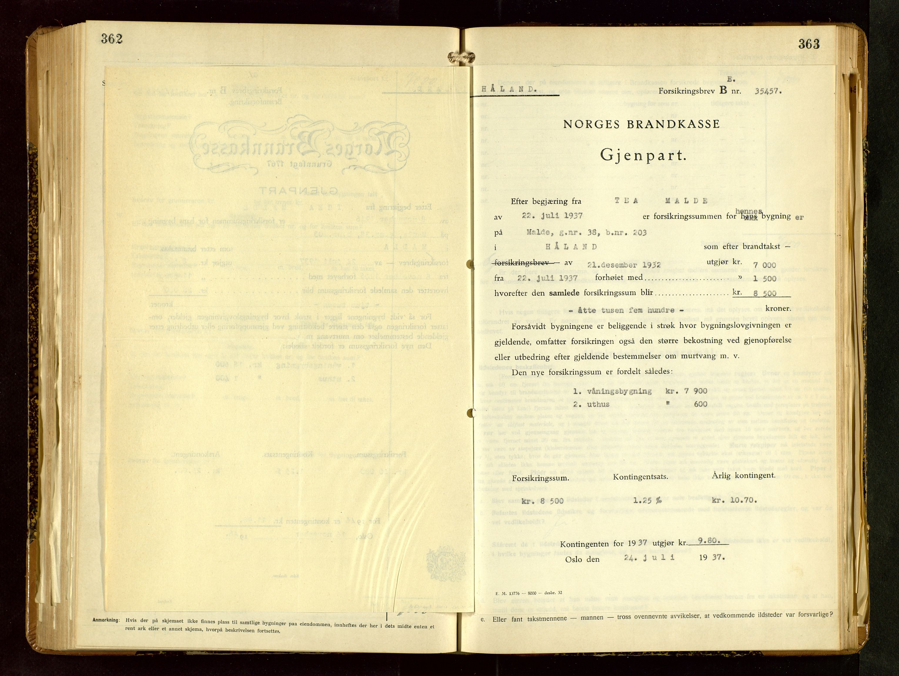 Håland lensmannskontor, SAST/A-100100/Gob/L0009: Branntakstprotokoll - skjematakst. Register i boken., 1930-1933, s. 362-363