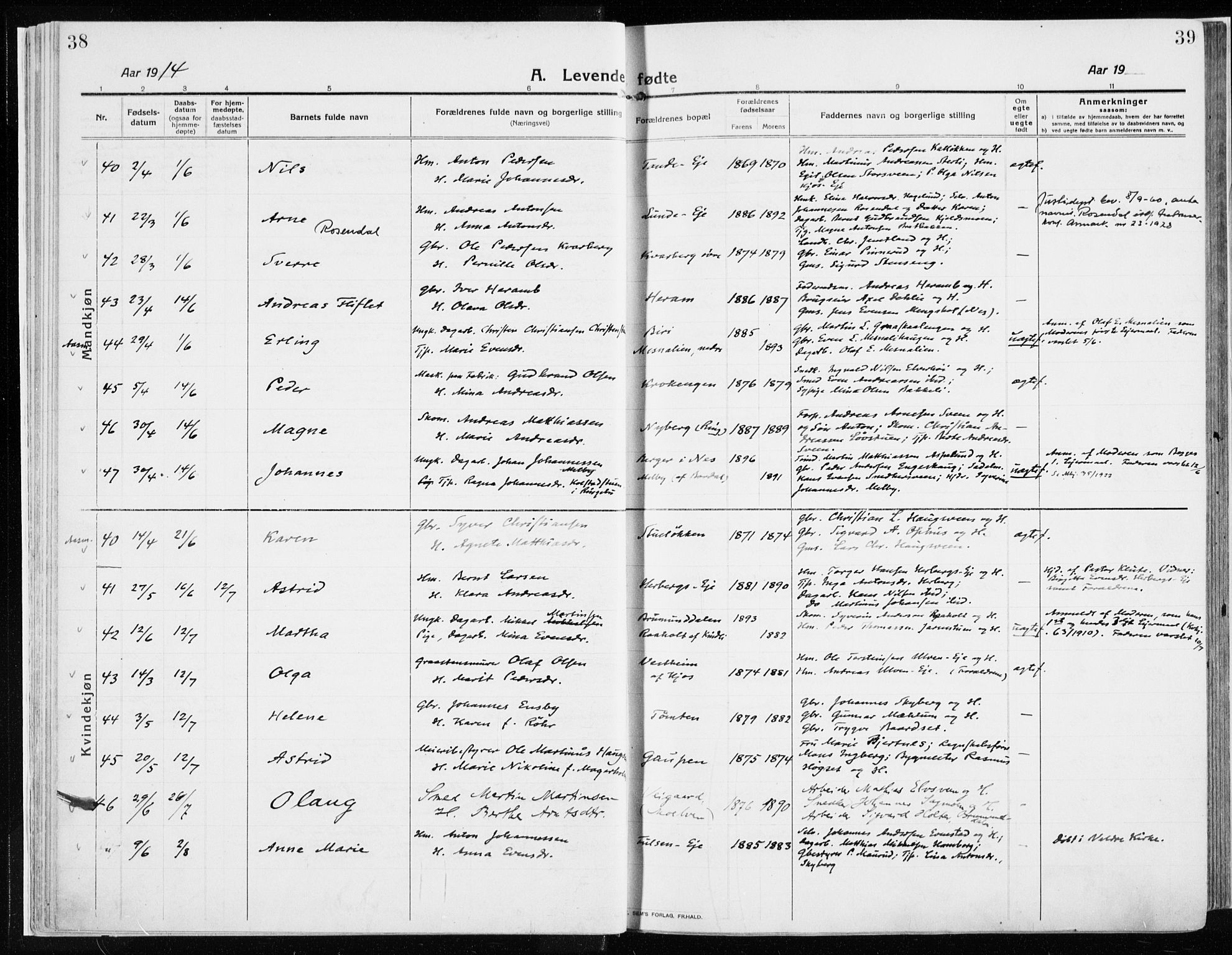 Ringsaker prestekontor, AV/SAH-PREST-014/K/Ka/L0020: Ministerialbok nr. 20, 1913-1922, s. 38-39