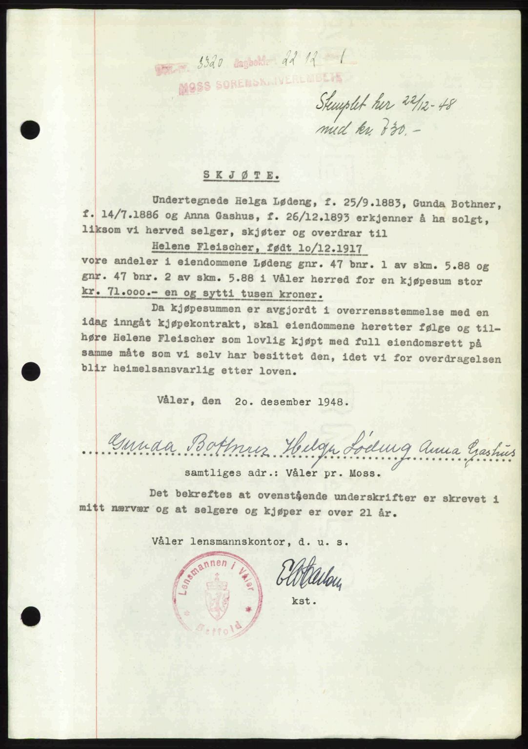 Moss sorenskriveri, SAO/A-10168: Pantebok nr. A20, 1948-1948, Dagboknr: 3320/1948
