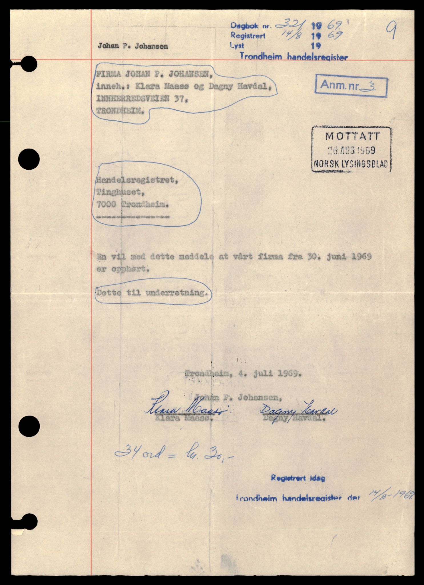 Trondheim byfogd, AV/SAT-A-0003/2/J/Jd/Jdb/L0046: Enkeltmannsforetak, Jo-K, 1965-1982, s. 1