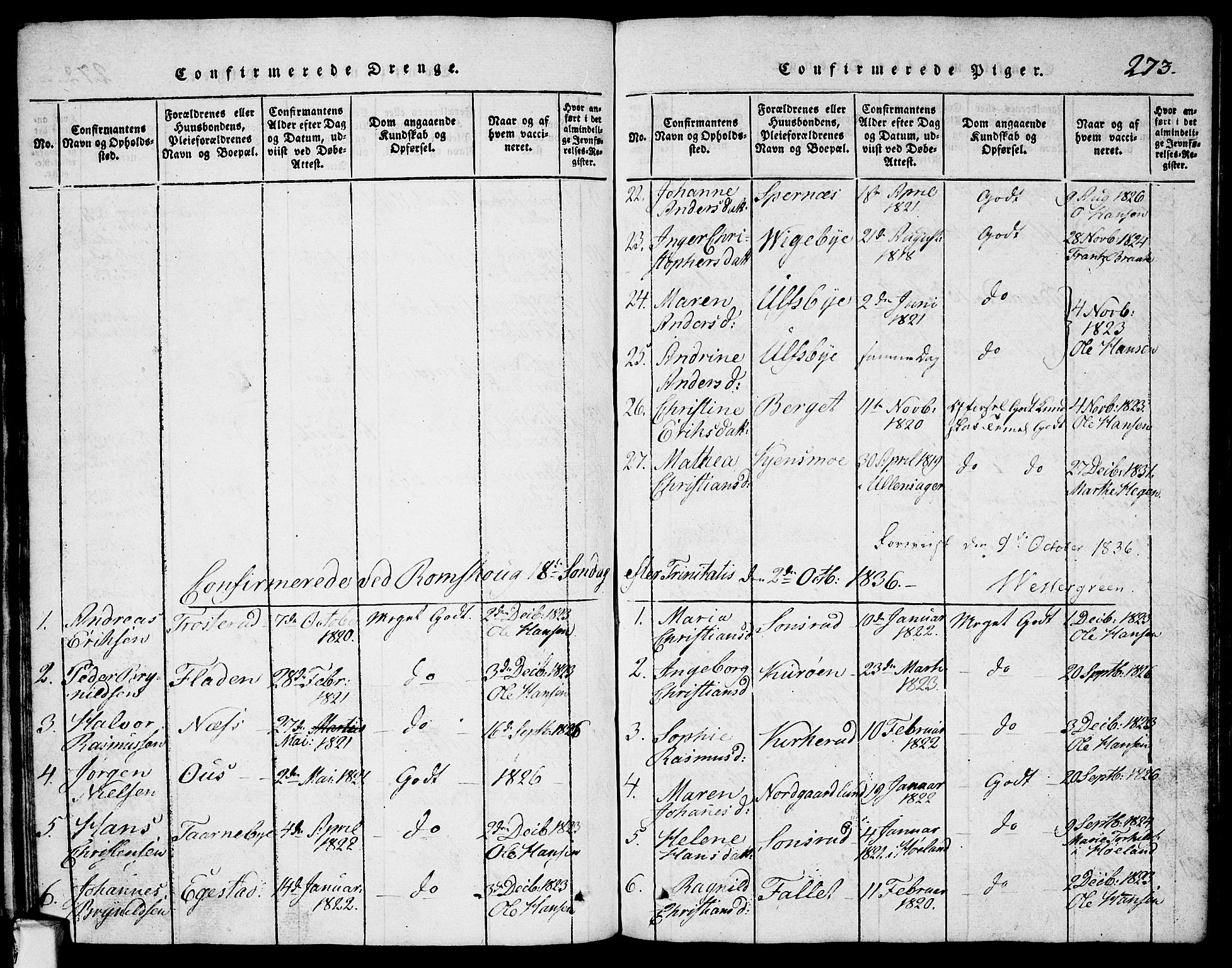 Rødenes prestekontor Kirkebøker, SAO/A-2005/G/Ga/L0001: Klokkerbok nr.  I 1, 1814-1841, s. 273