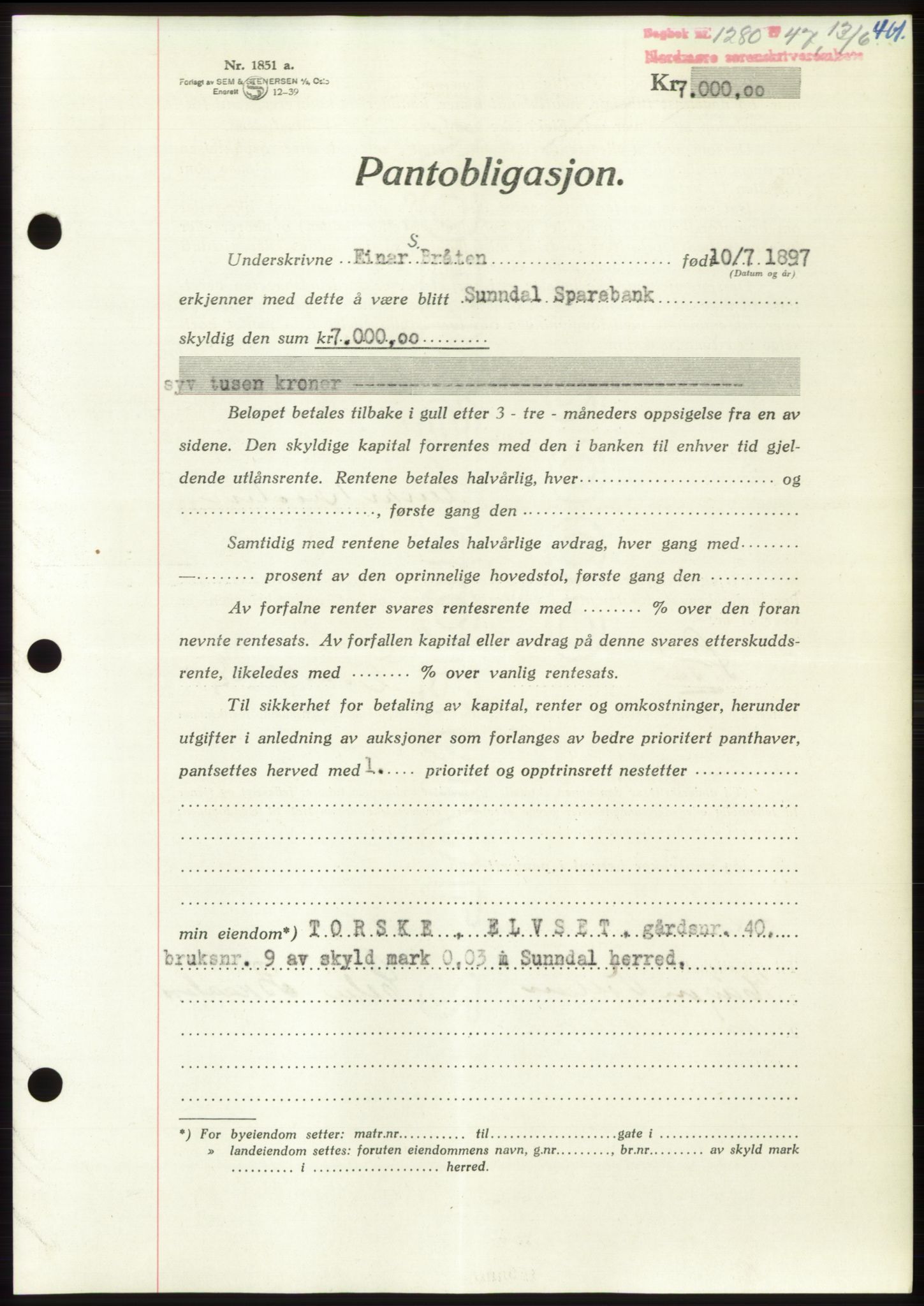 Nordmøre sorenskriveri, AV/SAT-A-4132/1/2/2Ca: Pantebok nr. B96, 1947-1947, Dagboknr: 1280/1947