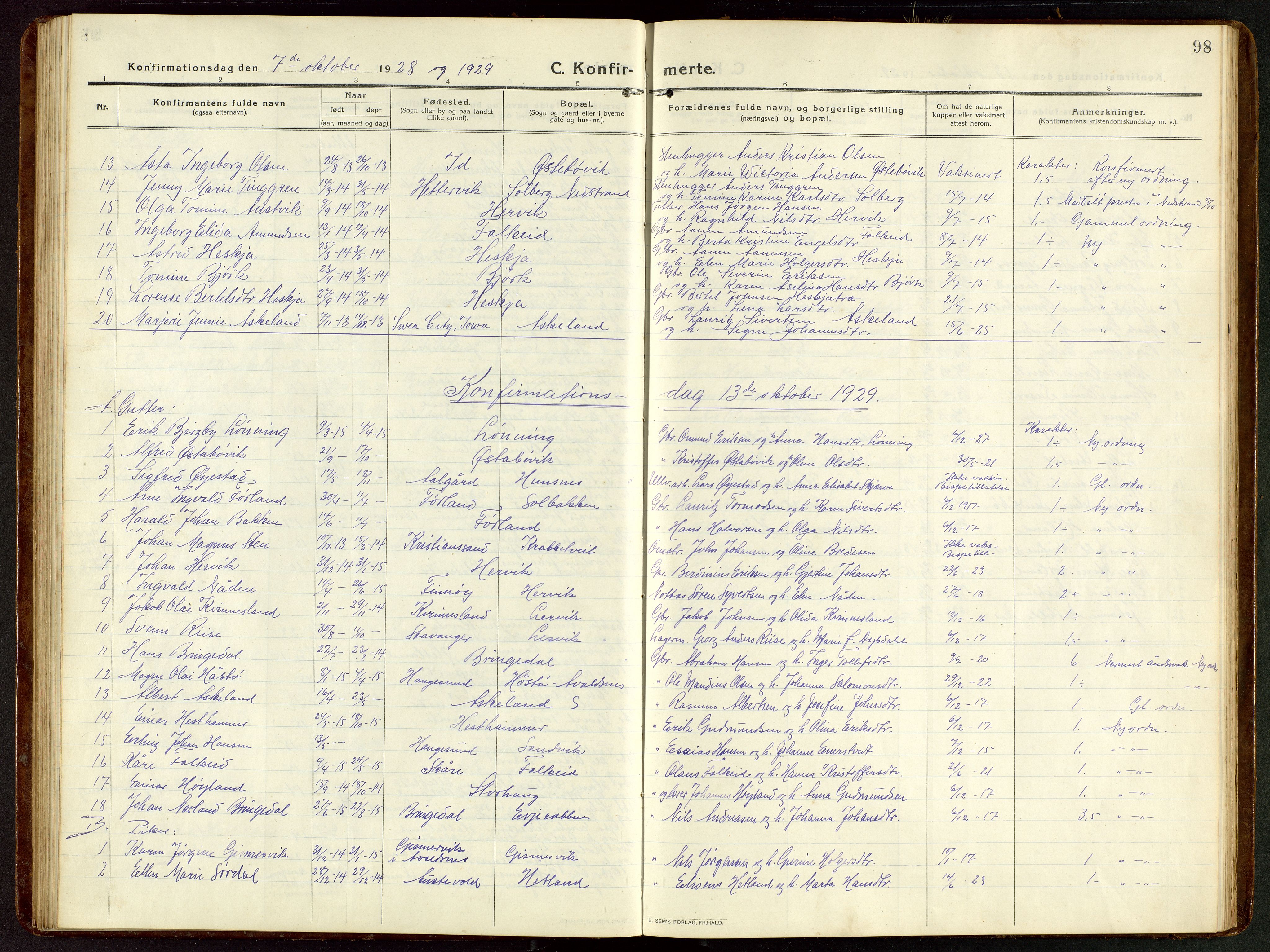 Tysvær sokneprestkontor, SAST/A -101864/H/Ha/Hab/L0011: Klokkerbok nr. B 11, 1913-1946, s. 98