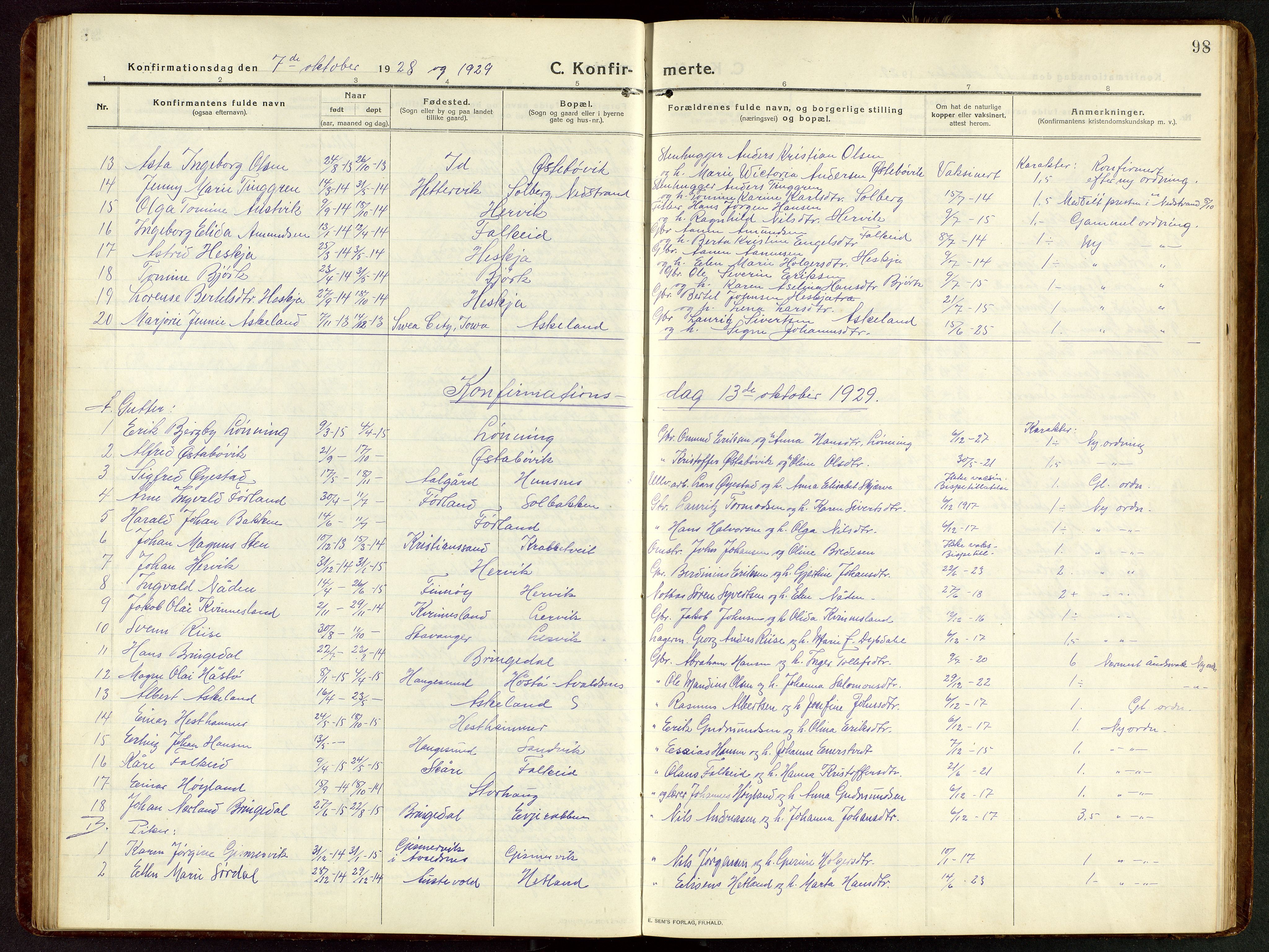 Tysvær sokneprestkontor, AV/SAST-A -101864/H/Ha/Hab/L0011: Klokkerbok nr. B 11, 1913-1946, s. 98