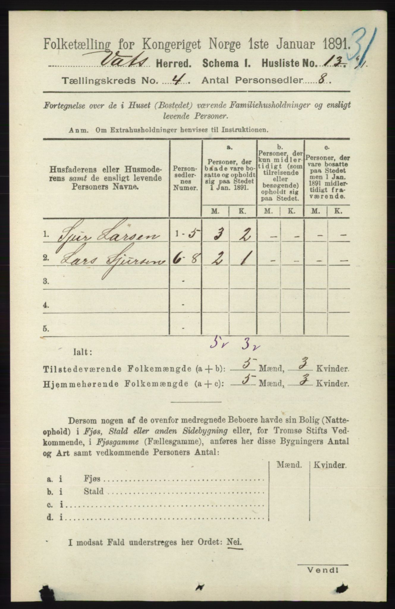 RA, Folketelling 1891 for 1155 Vats herred, 1891, s. 603