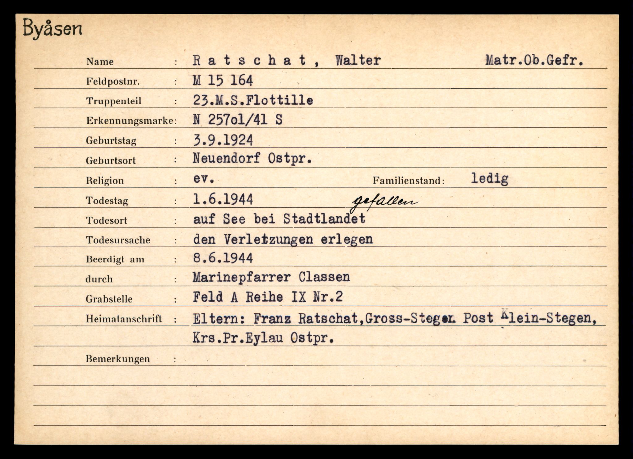 Distriktskontoret for krigsgraver, AV/SAT-A-5030/E/L0004: Kasett/kartotek over tysk Krigskirkegård på Byåsen, 1945, s. 1389