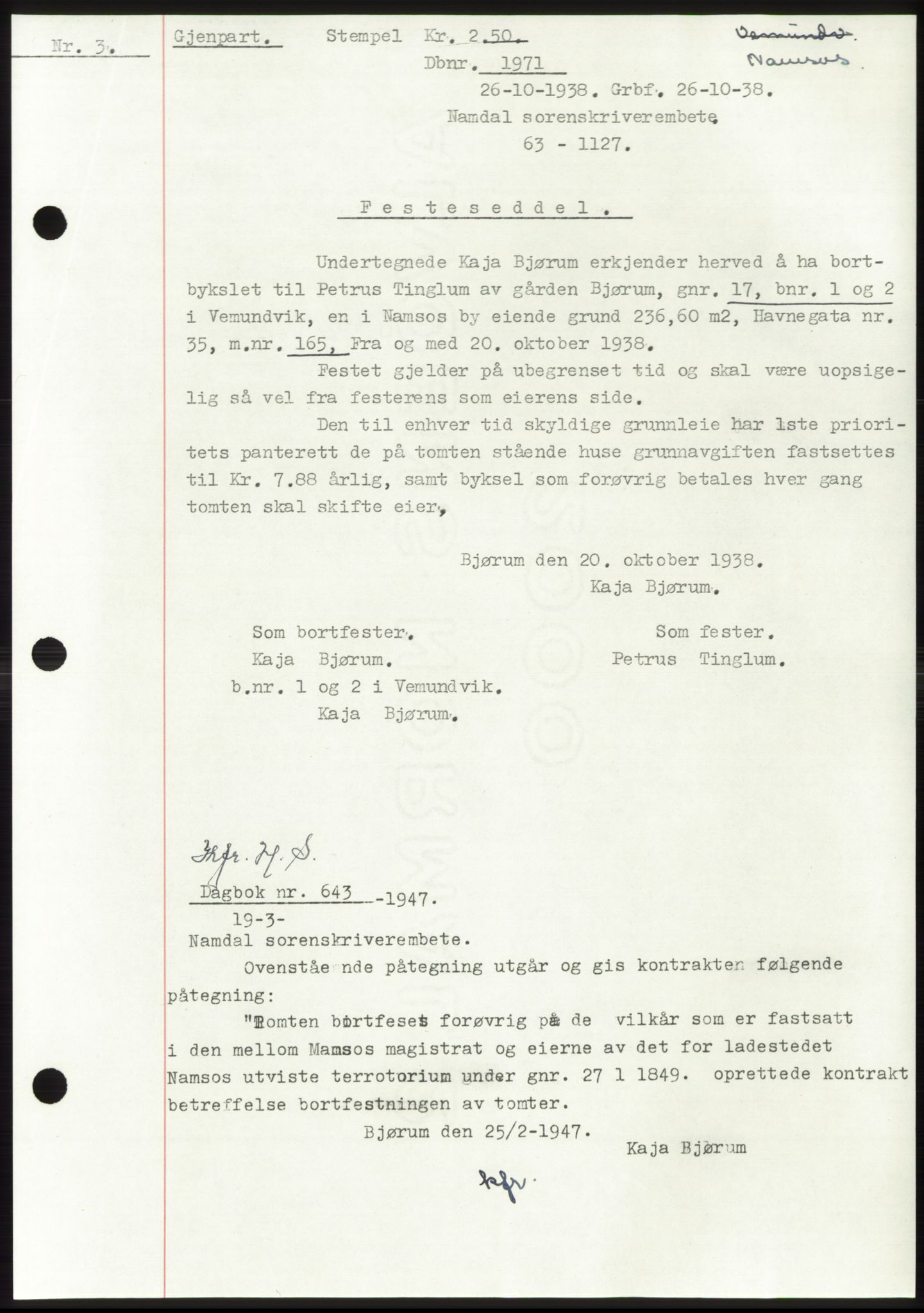 Namdal sorenskriveri, SAT/A-4133/1/2/2C: Pantebok nr. -, 1937-1939, Tingl.dato: 26.10.1938