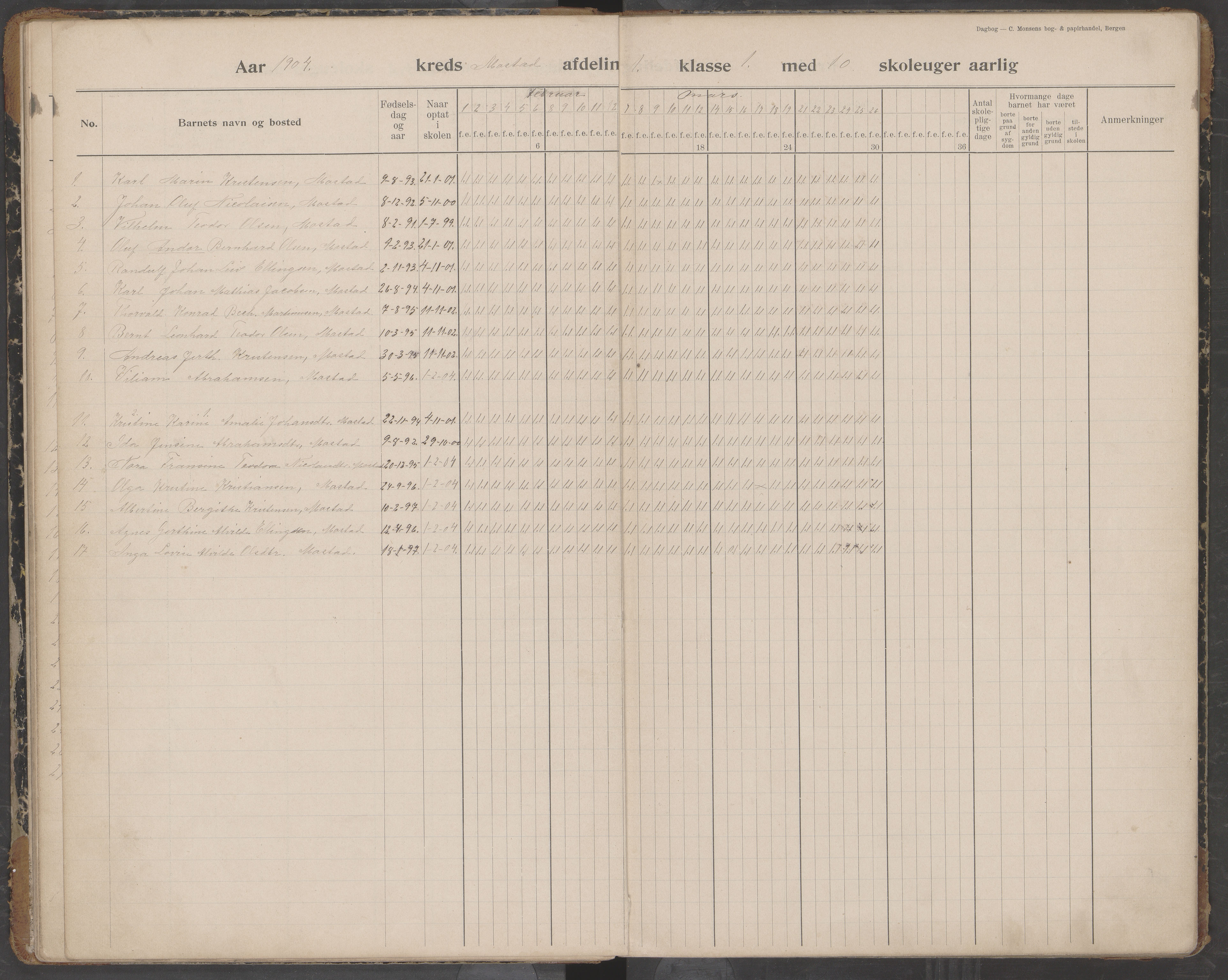 Værøy kommune. Sørland, Mostad og Røst skolekrets, AIN/K-18570.510.01/442/L0001: Karakterprotokoll, 1901-1920