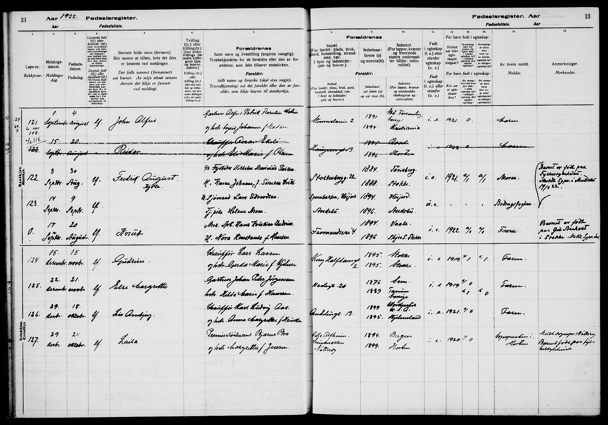 Tønsberg kirkebøker, AV/SAKO-A-330/J/Ja/L0002: Fødselsregister nr. 2, 1922-1928, s. 13