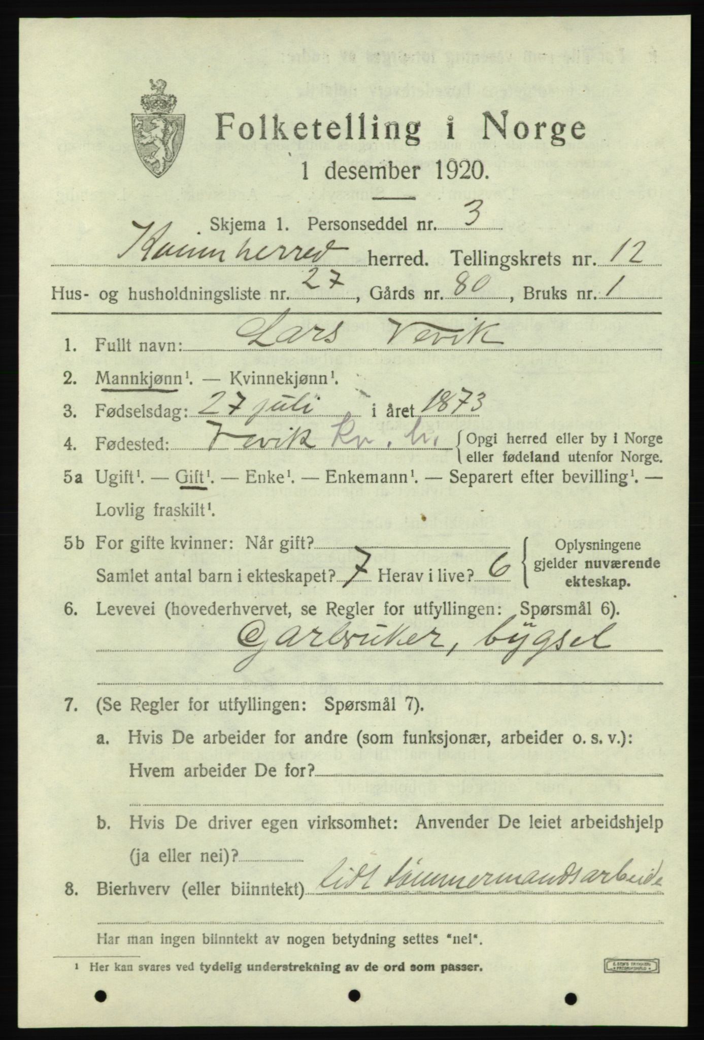 SAB, Folketelling 1920 for 1224 Kvinnherad herred, 1920, s. 7592