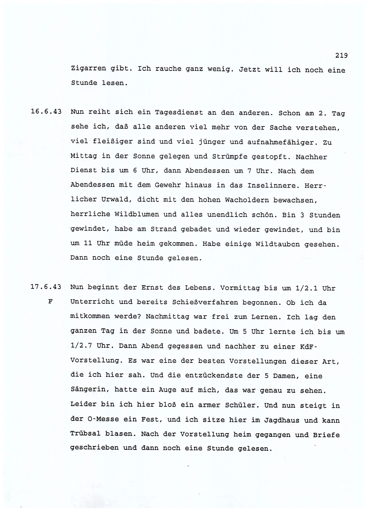 Dagbokopptegnelser av en tysk marineoffiser stasjonert i Norge , FMFB/A-1160/F/L0001: Dagbokopptegnelser av en tysk marineoffiser stasjonert i Norge, 1941-1944, s. 219