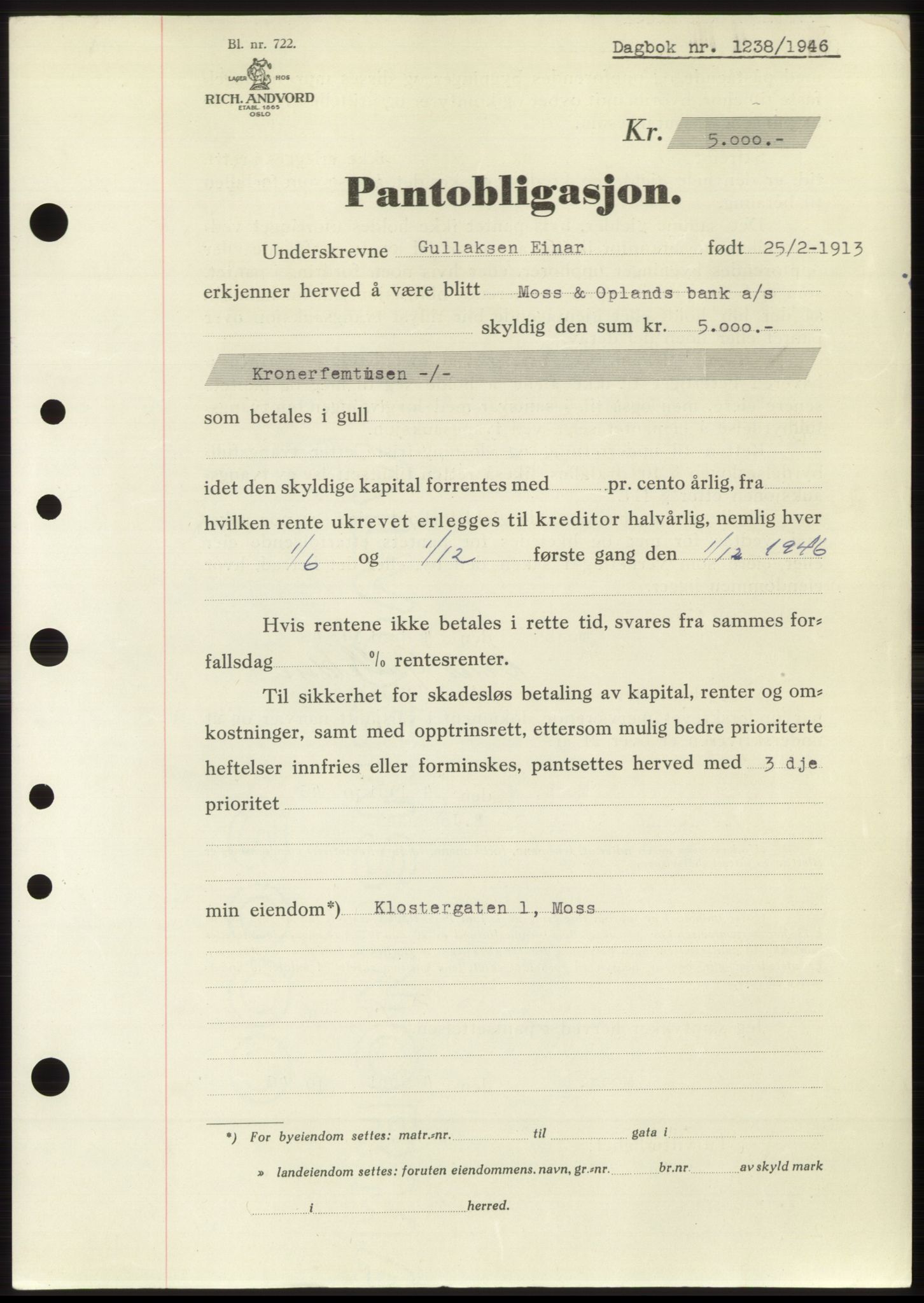 Moss sorenskriveri, SAO/A-10168: Pantebok nr. B15, 1946-1946, Dagboknr: 1238/1946