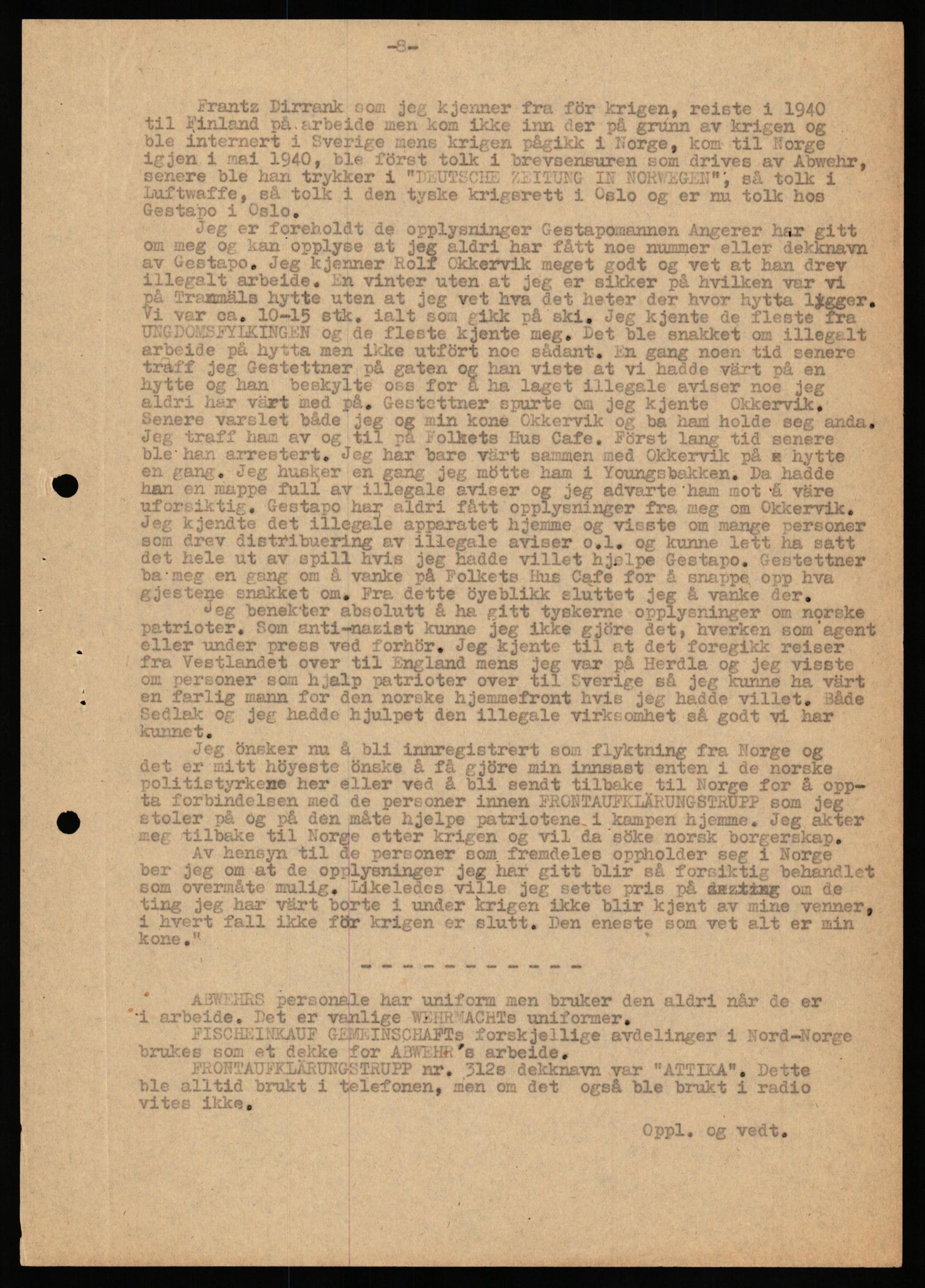 Forsvaret, Forsvarets overkommando II, AV/RA-RAFA-3915/D/Db/L0038: CI Questionaires. Tyske okkupasjonsstyrker i Norge. Østerrikere., 1945-1946, s. 149