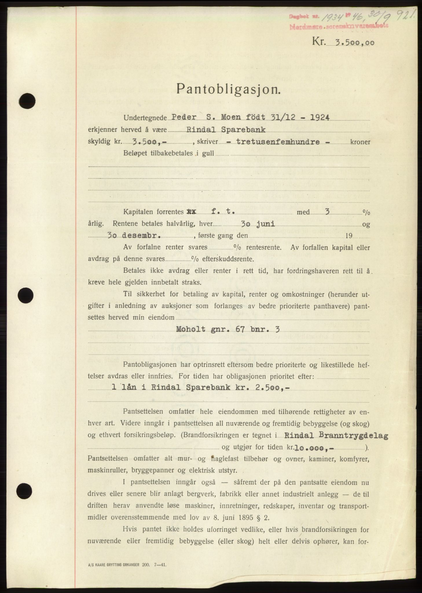 Nordmøre sorenskriveri, SAT/A-4132/1/2/2Ca: Pantebok nr. B94, 1946-1946, Dagboknr: 1934/1946
