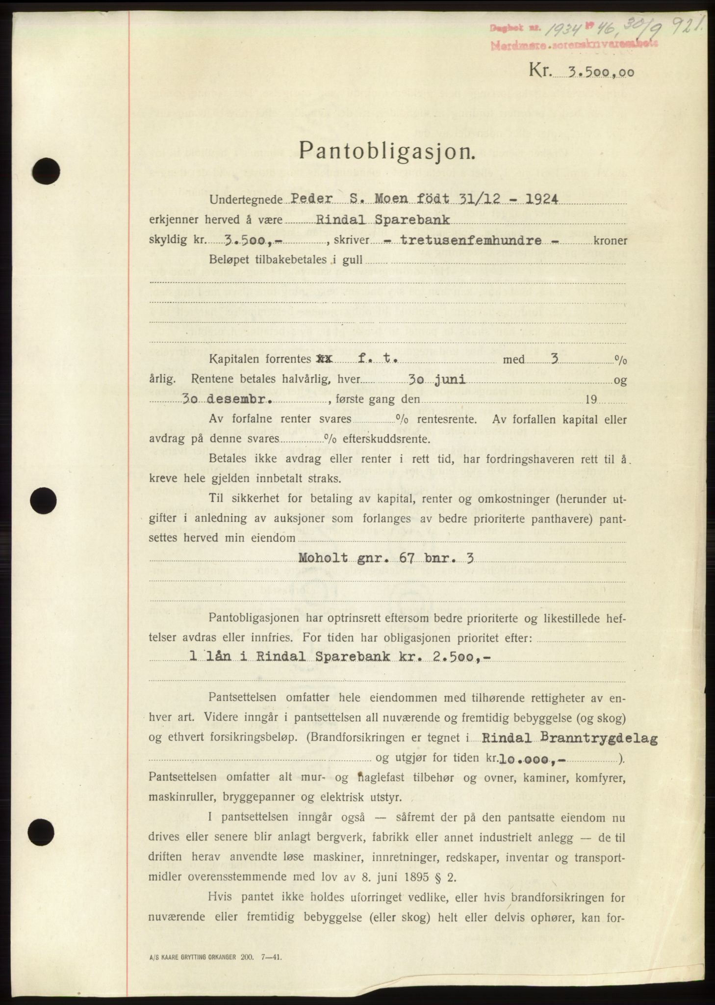 Nordmøre sorenskriveri, AV/SAT-A-4132/1/2/2Ca: Pantebok nr. B94, 1946-1946, Dagboknr: 1934/1946