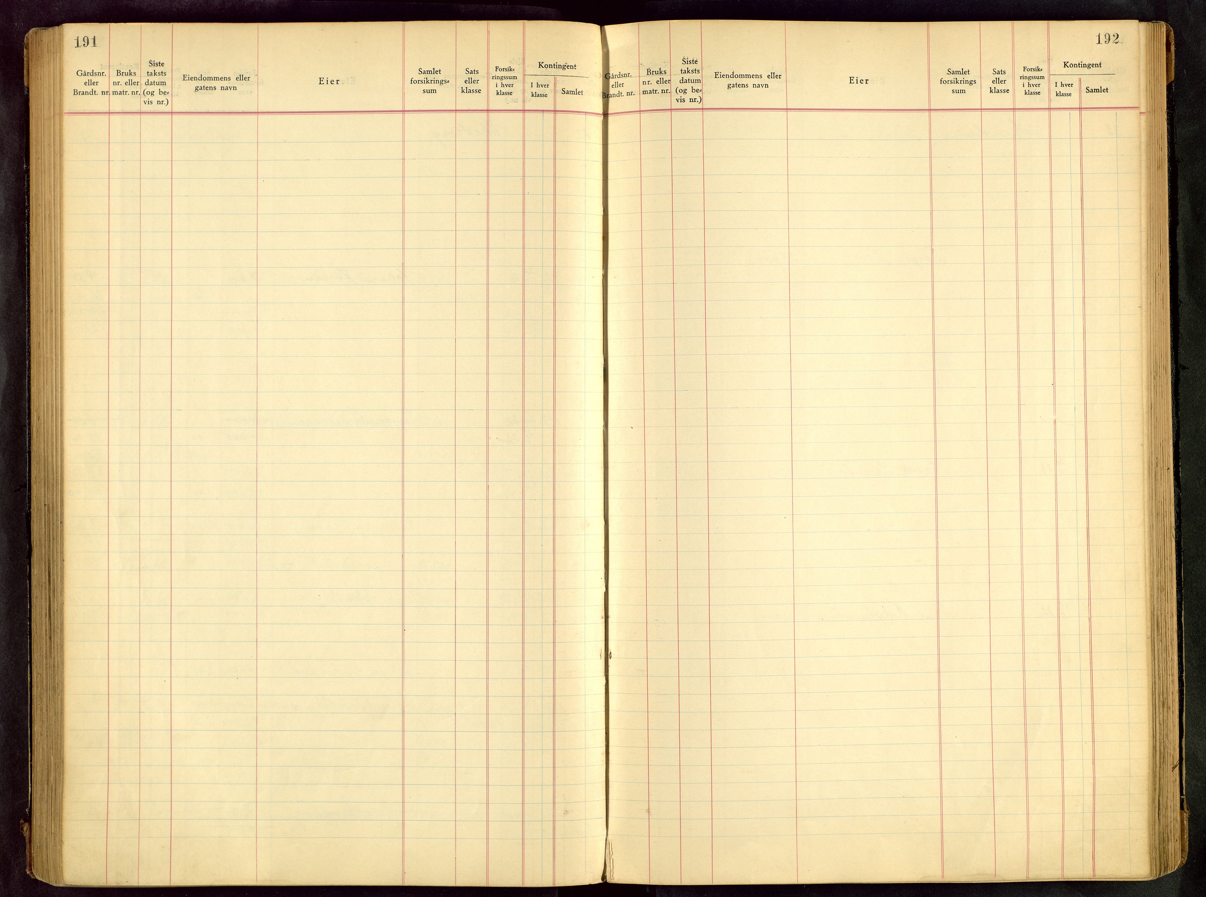 Håland lensmannskontor, SAST/A-100100/Goa/L0001: Beregningsprotokoll brannforsikring, 1932-1947, s. 191-192