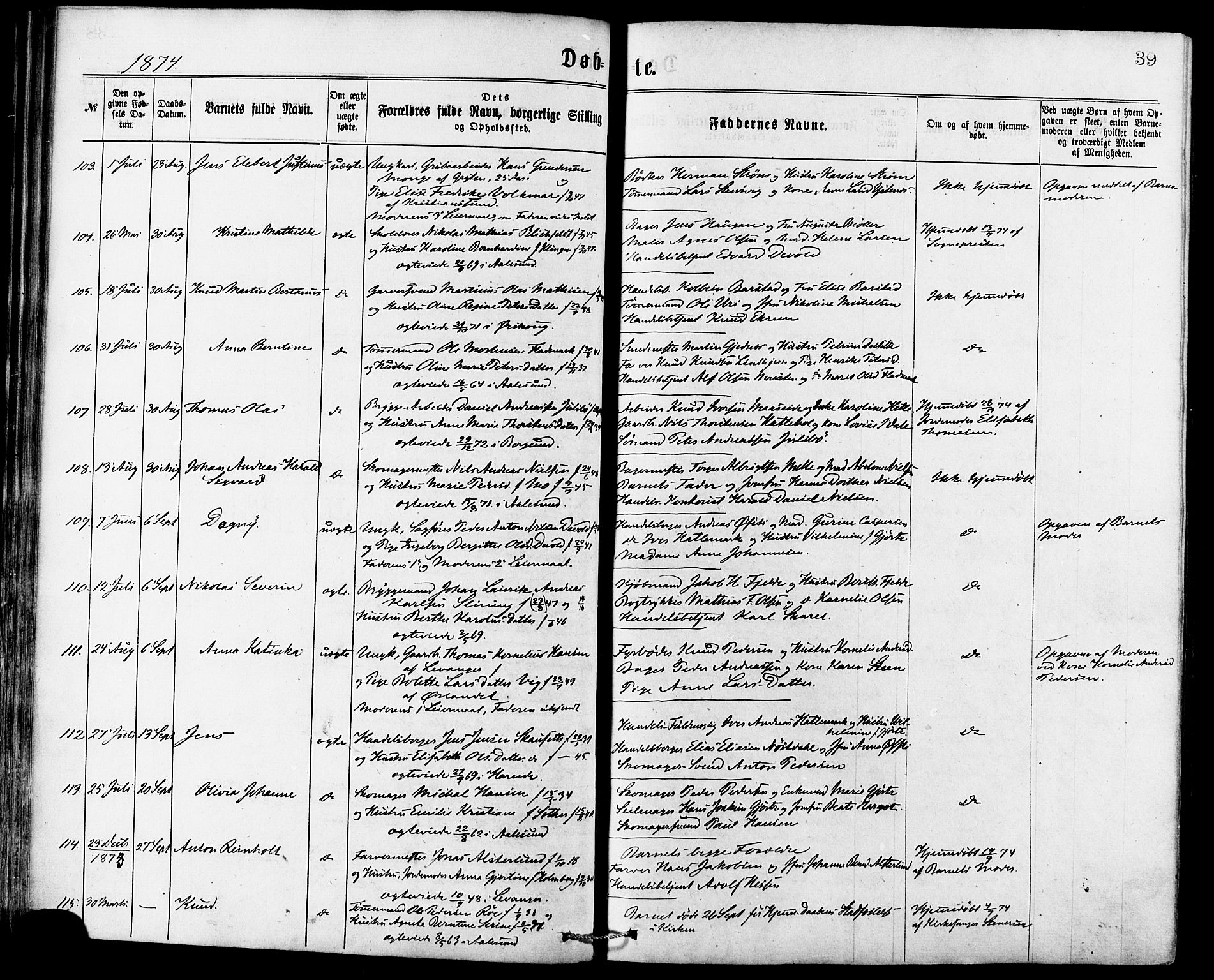 Ministerialprotokoller, klokkerbøker og fødselsregistre - Møre og Romsdal, SAT/A-1454/529/L0453: Ministerialbok nr. 529A03, 1872-1877, s. 39