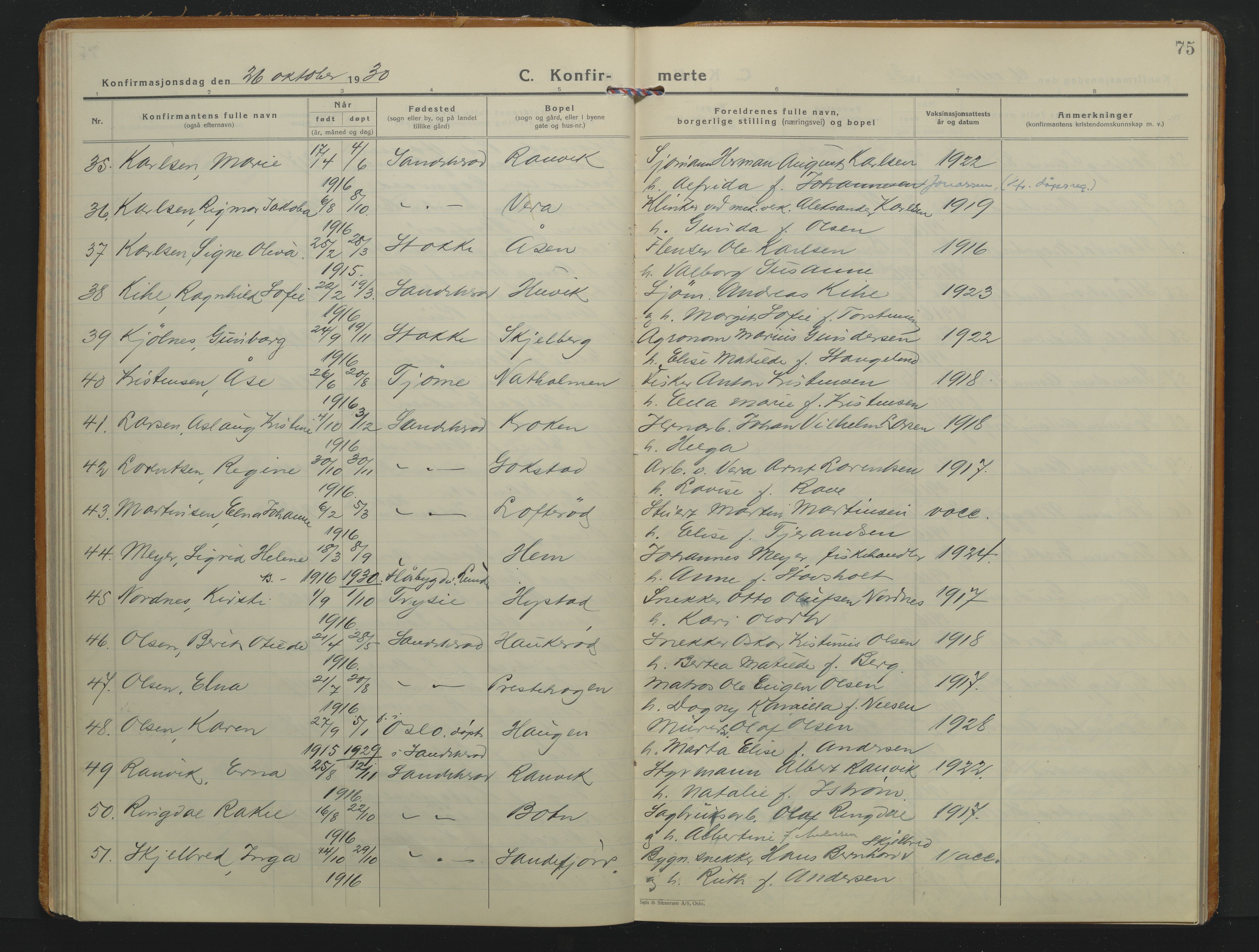 Sandar kirkebøker, AV/SAKO-A-243/F/Fa/L0024: Ministerialbok nr. 24, 1926-1935, s. 75