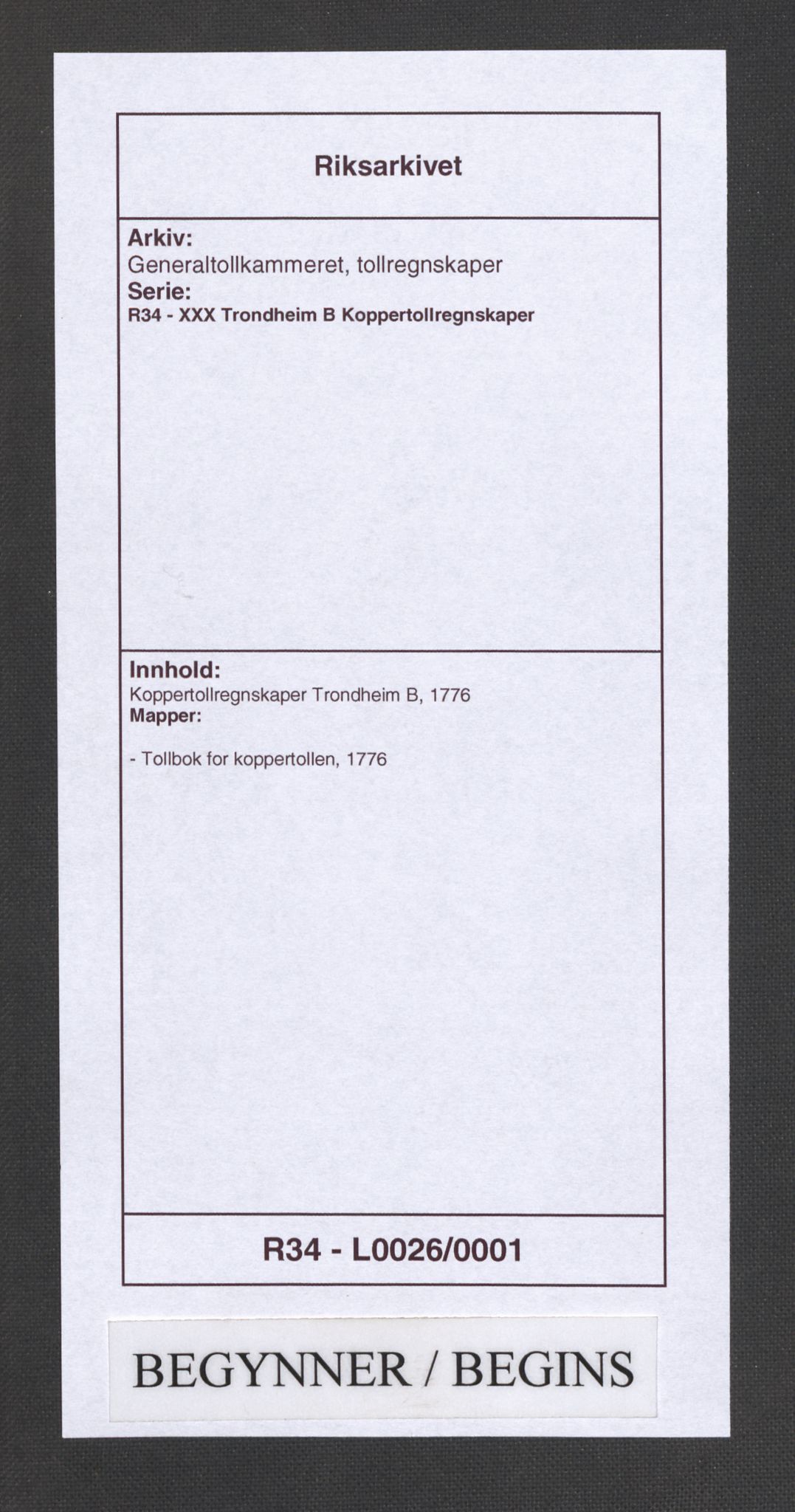 Generaltollkammeret, tollregnskaper, RA/EA-5490/R34/L0026/0001: Koppertollregnskaper Trondheim B / Tollbok for koppertollen, 1776