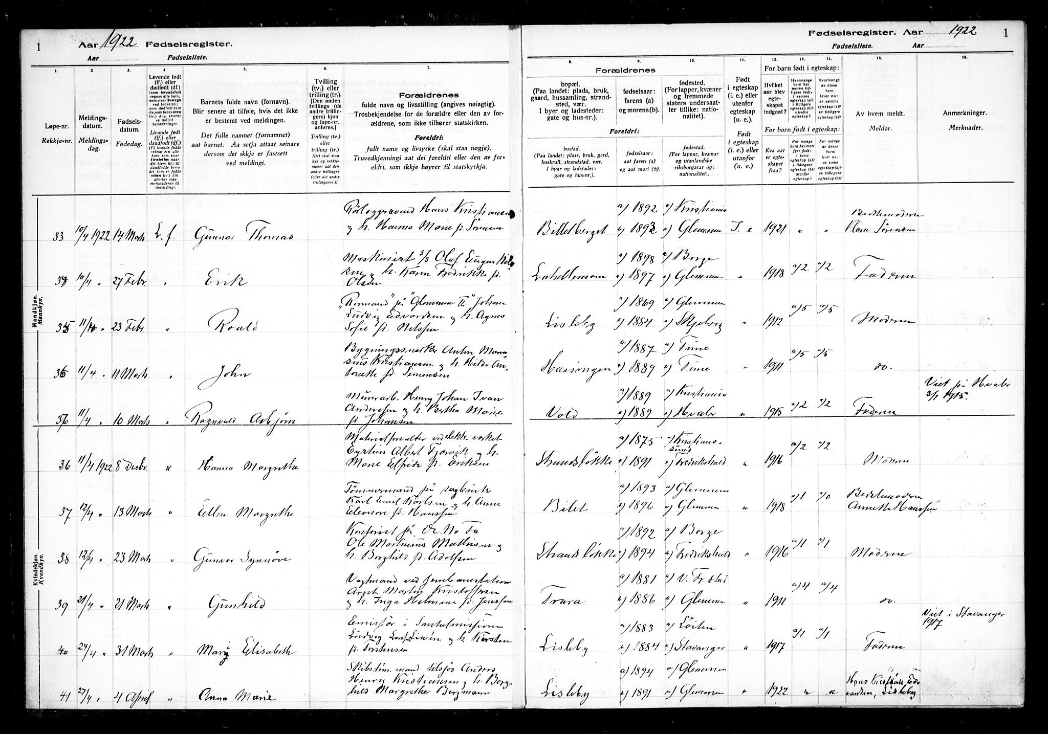 Glemmen prestekontor Kirkebøker, AV/SAO-A-10908/J/Ja/L0002: Fødselsregister nr. I 2, 1922-1929, s. 1